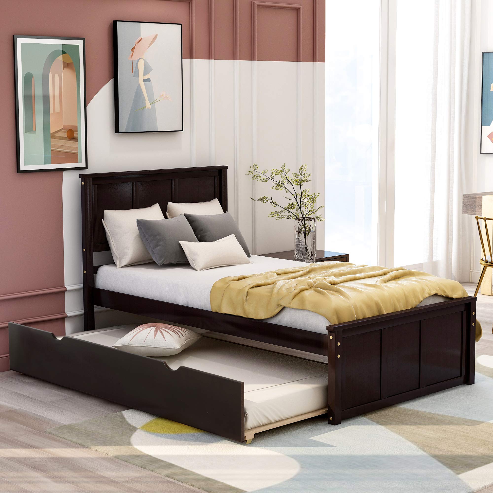 Twin Platform Bed with Trundle, Wood Slat Support - No Box Spring Needed for Kids & Guest Rooms