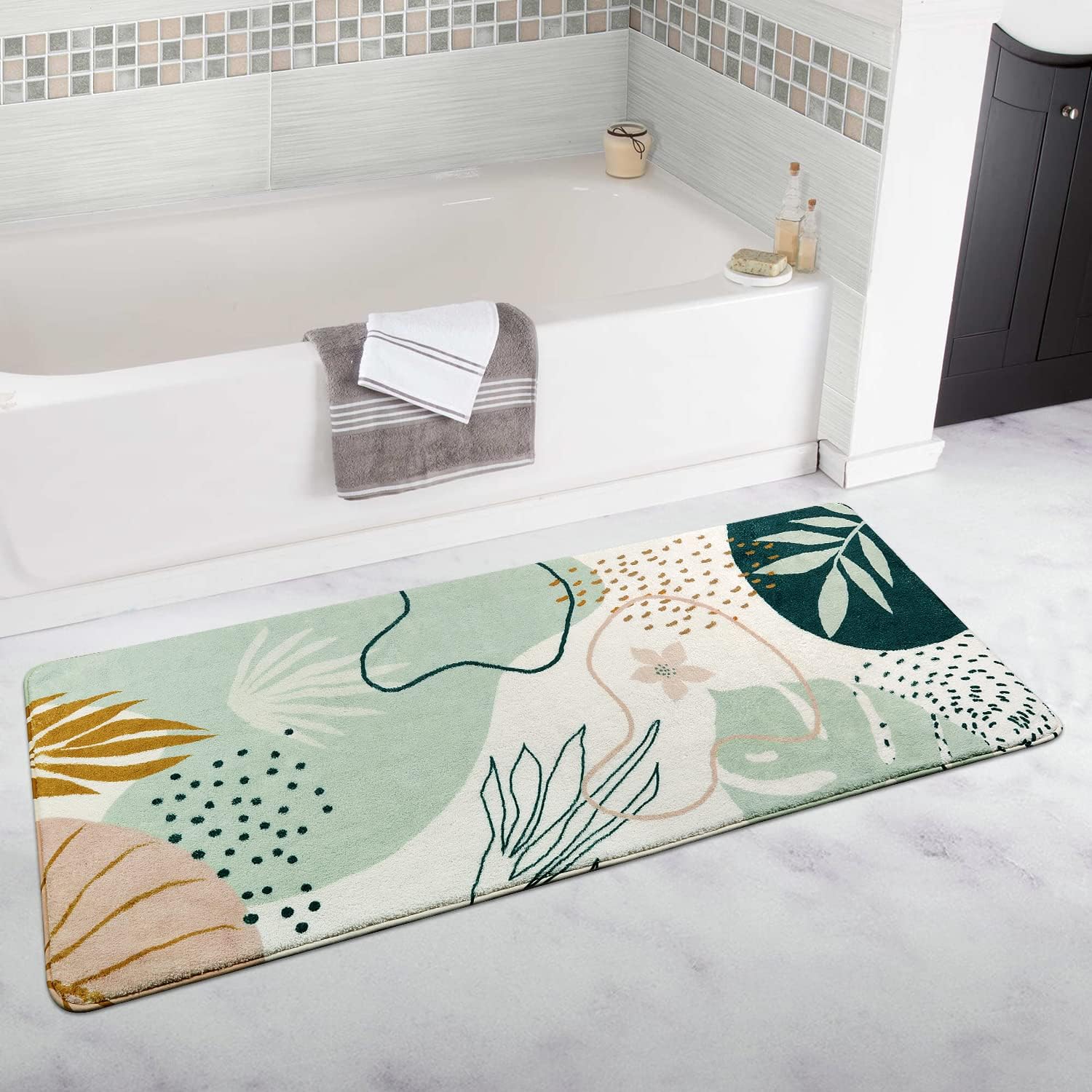 Uphome Green Washable Runner Rug 2'x5' - Abstract Botanical Non-Slip Bath Mat for Bathroom, Hallway, Porch, Laundry & Bedroom - Soft Boho Minimalist Floor Rug for Home Decor & Comfort