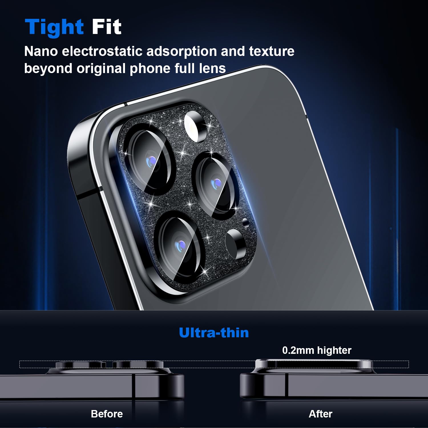 Premium Tempered Glass Camera Lens Protector for iPhone 15 Pro & Pro Max - Diamond Sparkle Glitter Black | Military-Grade Drop Protection | Full Coverage Metal Frame | Perfect for Outdoor Adventures, Travel & Everyday Use