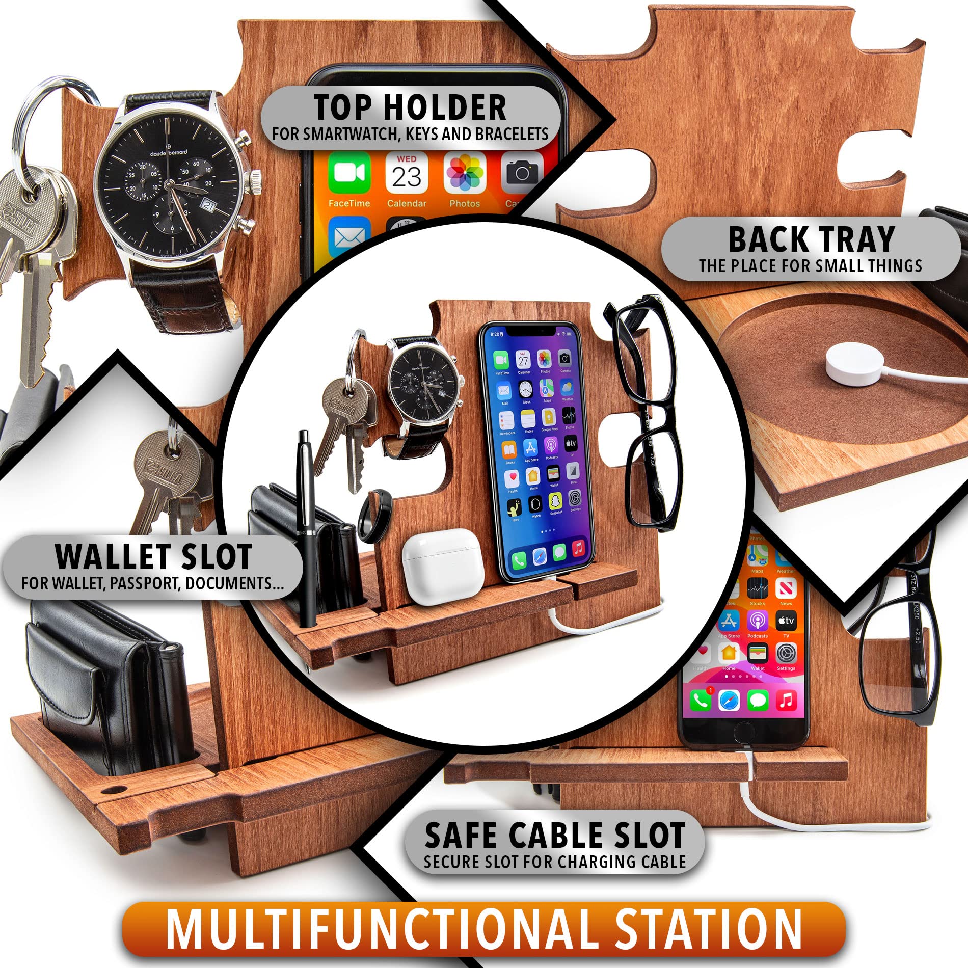 Premium Walnut Phone Docking Station & Night Stand - Wireless Charging Organizer for iPhone, Samsung, AirPods | Perfect for Bedside, Office & Home Decor