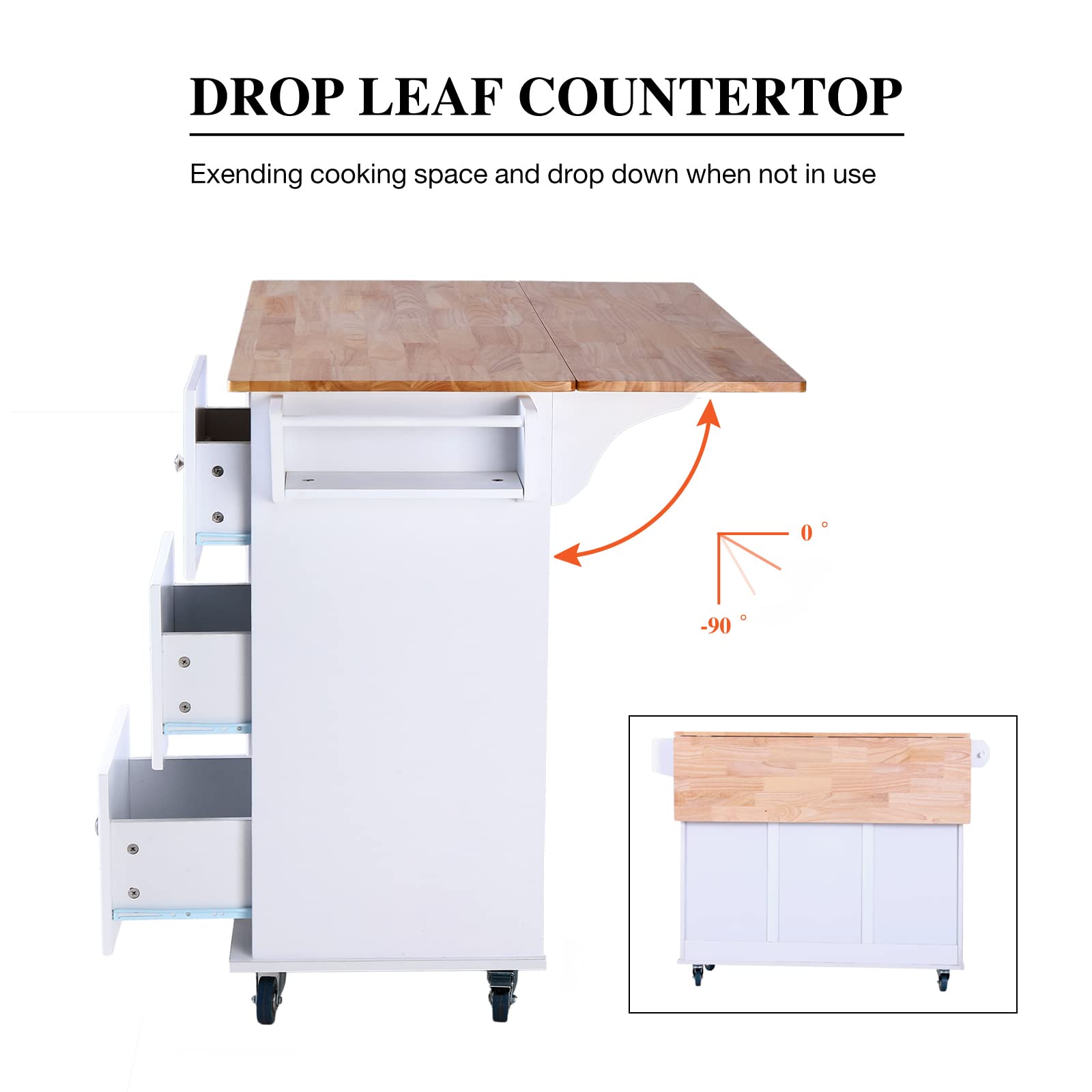 PHI VILLA Portable Kitchen Island Cart on Wheels with Drop Leaf & Storage - Mobile Kitchen Workstation for Small Spaces, Ideal for Food Prep, Dining & Extra Counter Space