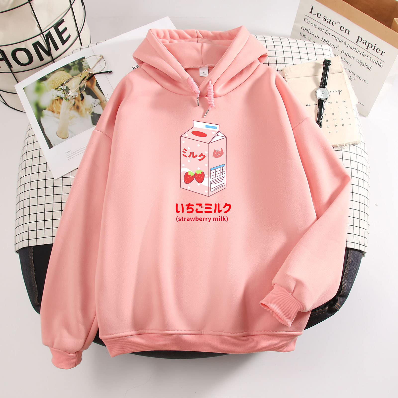 KEEVICI Women's 90s Japanese Strawberry Milk Hoodie - Kawaii Aesthetic Pastel Pink Sweatshirt, Soft Long Sleeve Cute Top for Casual Wear, Street Fashion & Anime Cosplay