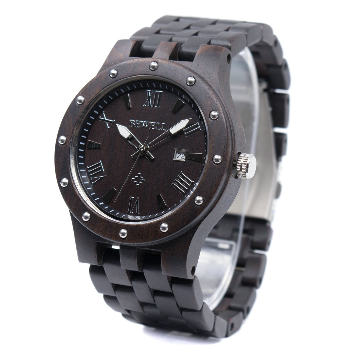 BEWELL Handmade Wooden Watches for Men - Date Display Analog Quartz Luminous Wristwatch - Perfect for Outdoor Adventures & Formal Occasions