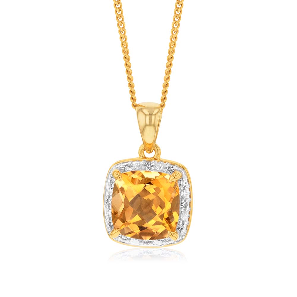 9ct Yellow Gold 2ct Citrine and Diamond Cushion Cut Pendant Necklace - Elegant Jewelry Gift for Women, Perfect for Weddings, Anniversaries & Special Occasions