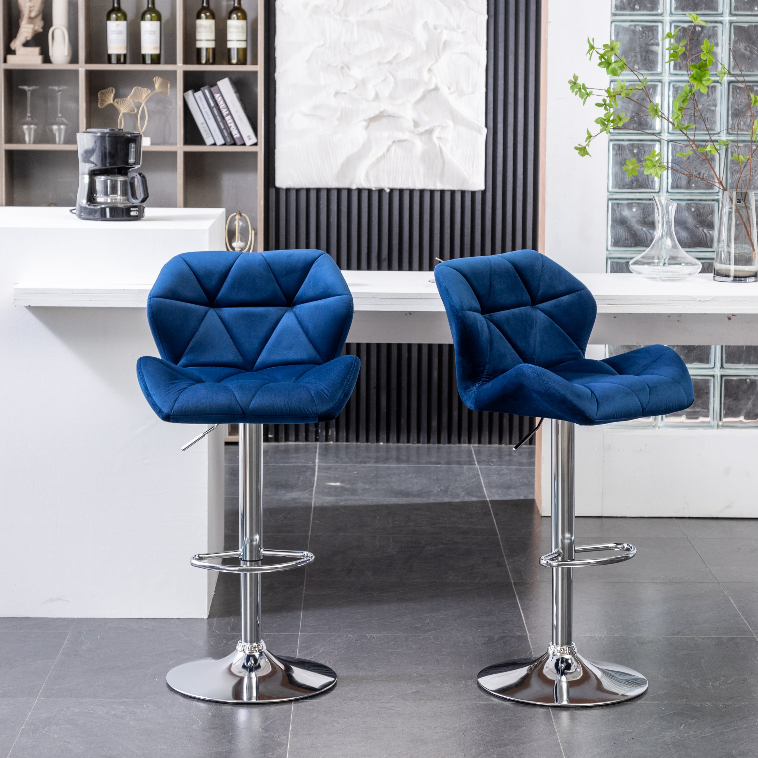 Roundhill Furniture Breni Velvet Diamond Tufted Swivel Adjustable Height Bar Stool - Set of 2, Navy Blue Velvet Upholstery - Perfect for Kitchen Islands, Home Bars & Breakfast Nooks