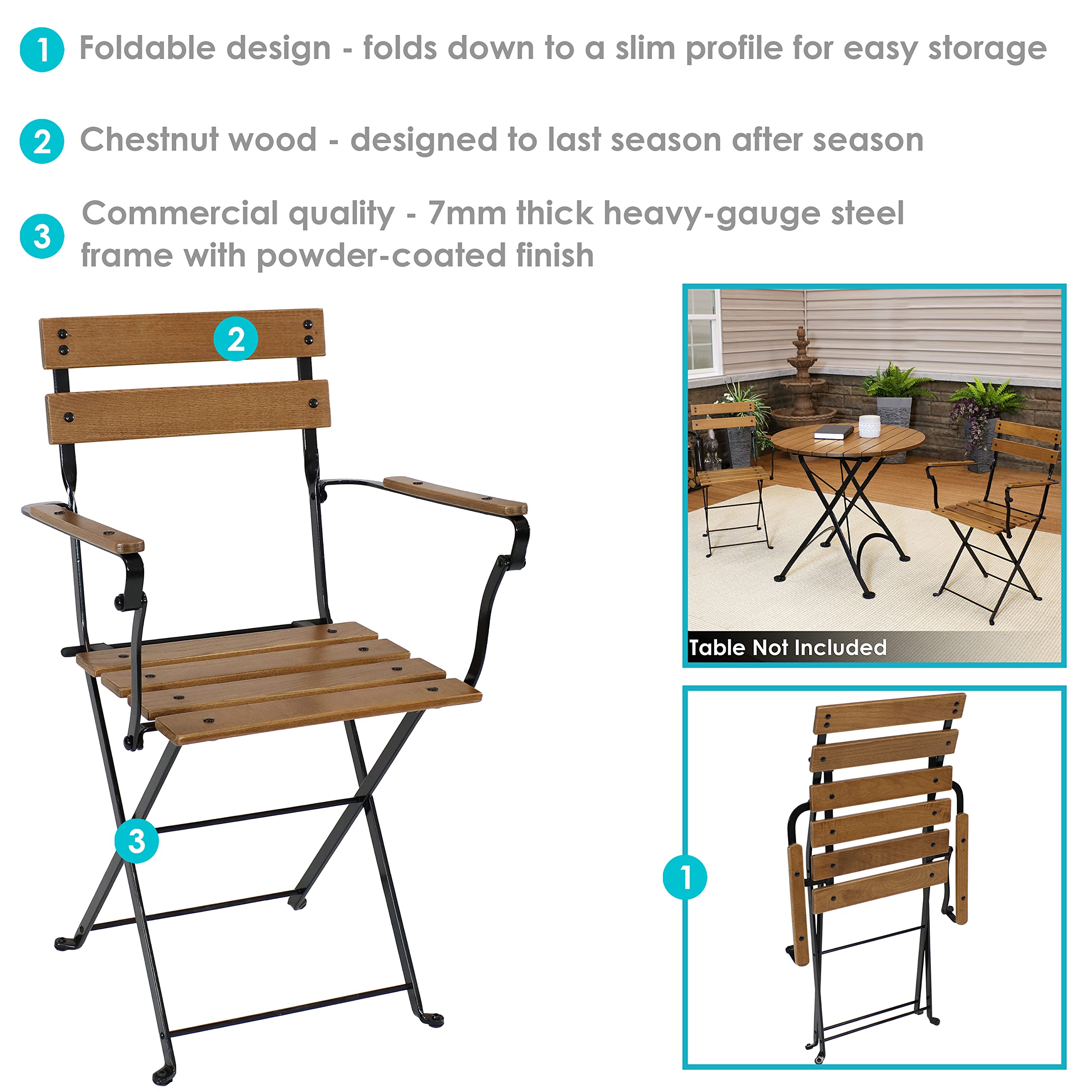 Sunnydaze European Chestnut Folding Dining Armchair Set of 2 - Sturdy Commercial Grade Indoor Outdoor Patio Furniture - Perfect for Dining Rooms, Restaurants, Cafes and Garden Parties
