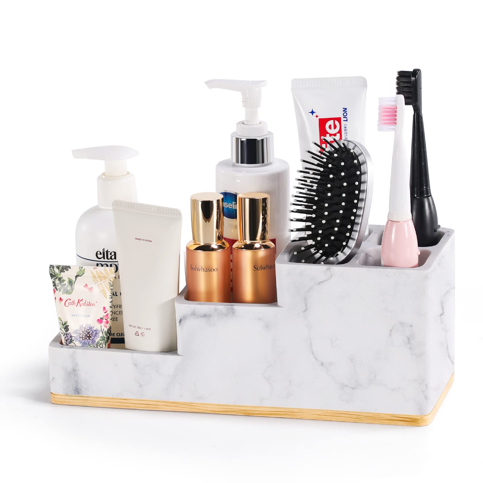 Aimou 6-Compartment Bathroom Organizer - Toothbrush, Toothpaste & Razor Holder for Countertop, Vanity, Sink - Marble White Bathroom Storage Accessories | Perfect for Electric Toothbrushes, Family Bathroom Organization & Small Space Saving