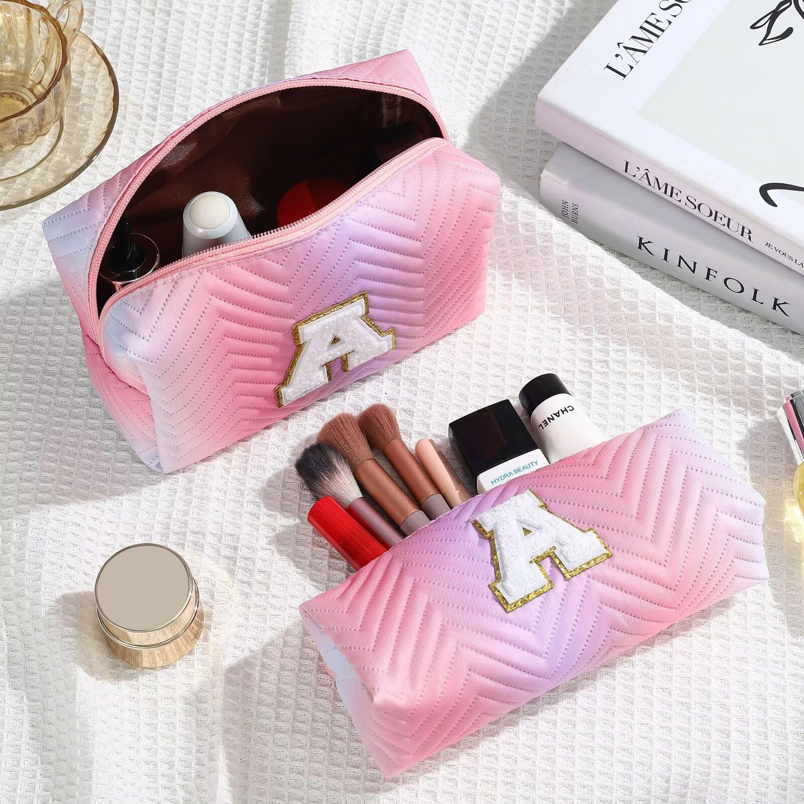 YOOLIFE Personalized Initial Pink Makeup Bag - Cute Cosmetic Pouch & Travel Toiletry Organizer for Women | Perfect Birthday Gift for Her, Mom, Wife, Girlfriend & Bridesmaid | Great for Travel, Daily Makeup Storage & Gift Giving Occasions