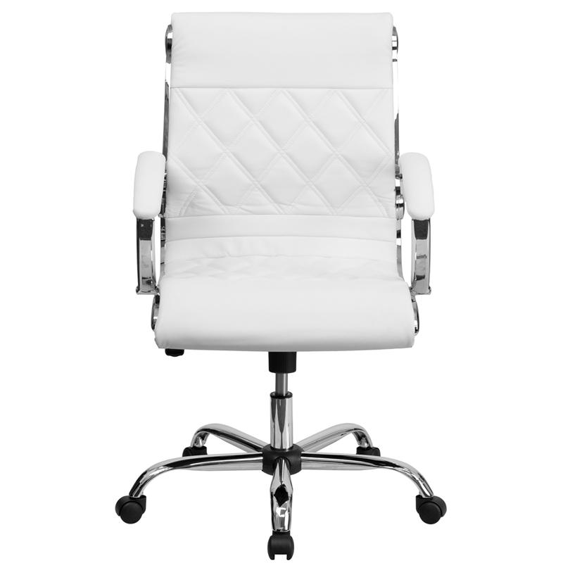 FLASH Merideth Mid Back Designer Black LeatherSoft Executive Swivel Office Chair with Chrome Base & Arms - Ergonomic Desk Chair for Home Office, Conference Room & Workspace