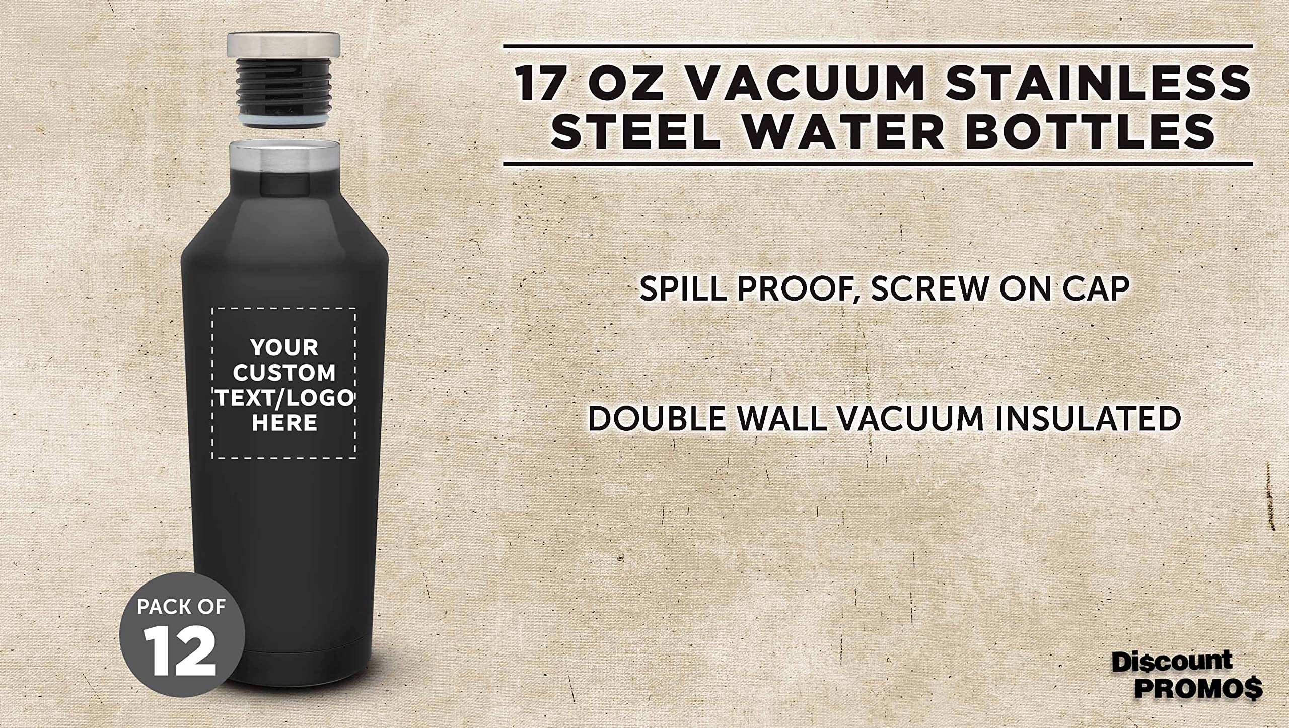 Custom Stainless Steel Water Bottles 17oz (12-Pack) - Double Wall Insulated, Personalized Bulk Drinkware for Coffee, Tea, Soda & Cold Beverages - Black - Perfect for Office, Gym, Camping & Outdoor Activities