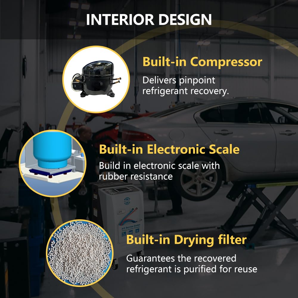 Fully Automatic Refrigerant Recovery Machine for AC & Automotive - R134a R134YF Compatible - Professional HVAC & Car AC Maintenance Tool for Home & Auto Repair Shops