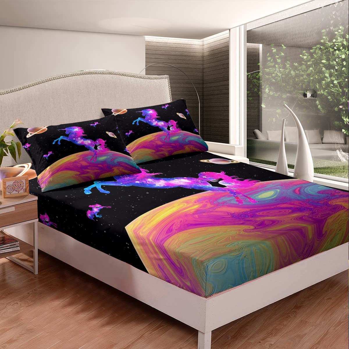 Galaxy Unicorn Twin Size Bed Sheet Set - Pink Tie Dye Planet Print Bedding with 1 Flat Sheet, 1 Fitted Sheet & 1 Pillow Sham - Shiny Starry Space Themed Kids Bedroom Decor for Boys & Girls - Perfect for Sleepovers, Themed Rooms & Cosmic Fantasy Lovers