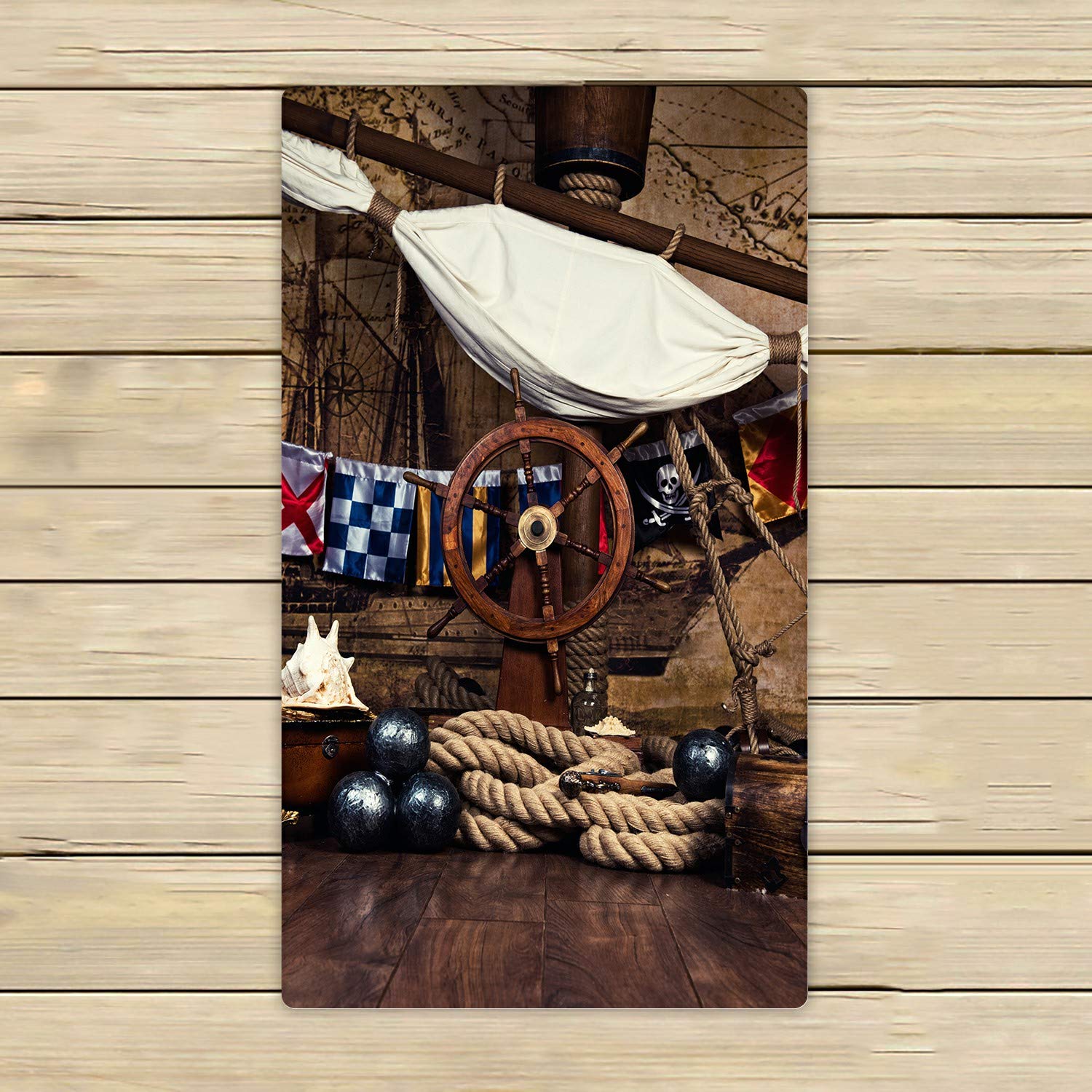 Pirate Ship Deck Beach Towel with Steering Wheel & Flag - 16x28 Inch Bath Towel for Home, Outdoor, Travel & Pool - Soft & Absorbent Shower Towel for Kids & Adults