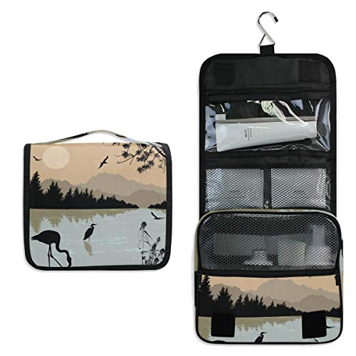 Domook Hanging Travel Toiletry Bag with Heron & Flamingo Silhouettes - Waterproof Cosmetic Organizer for Men & Women - Perfect for Camping, Gym, and Business Trips