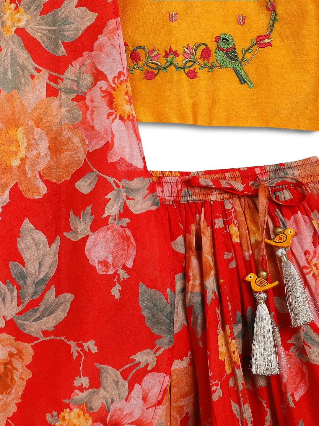Girls Floral Lehenga Set - Red Indian Ethnic Dress for Kids Party, Wedding & Festive Occasions