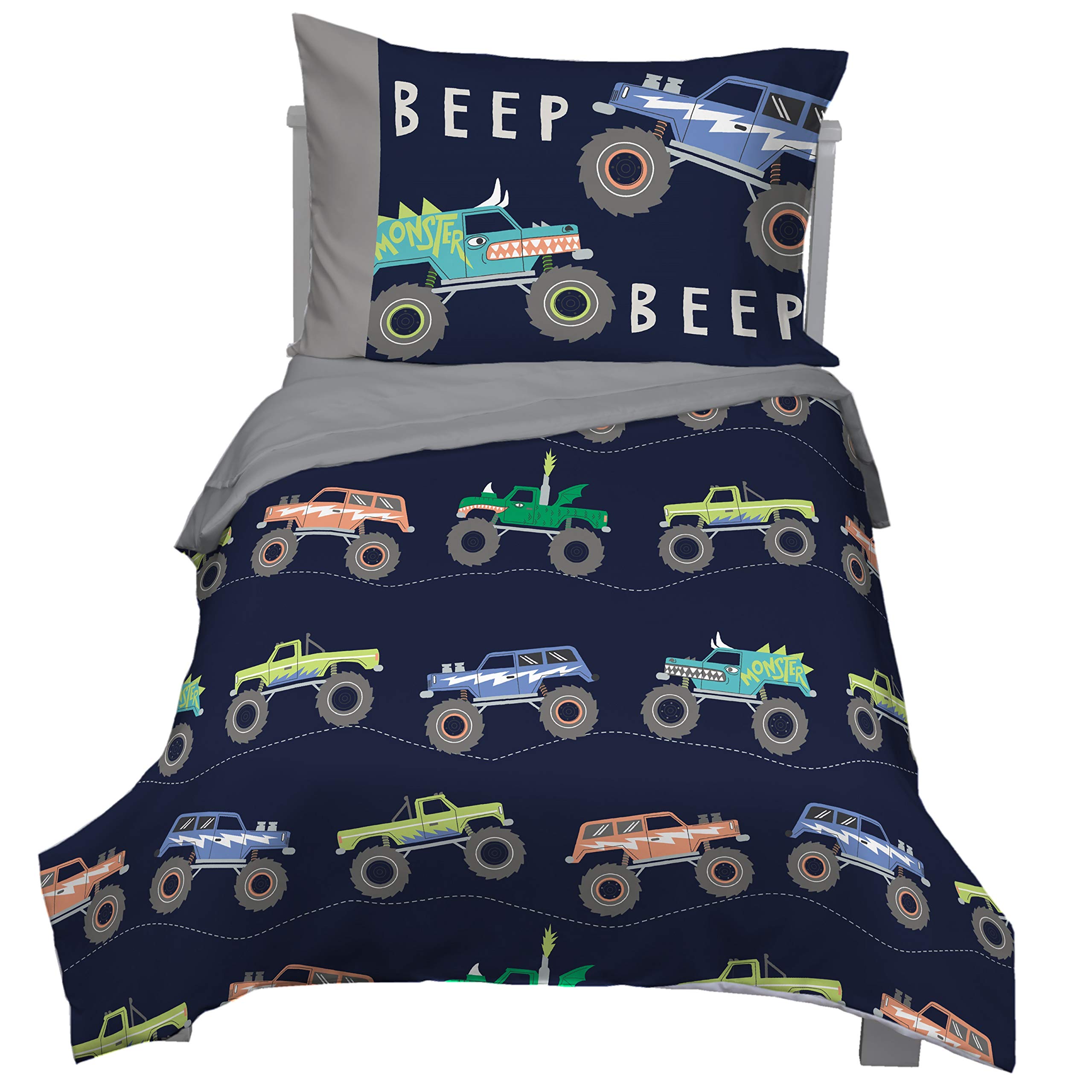 Carters Monster Truck 4-Piece Toddler Bedding Set - Soft Cotton Bed Sheets, Blanket & Pillowcase for Boys Room Decor - Perfect for Nursery, Kids Bedroom & Toddler Sleep Comfort