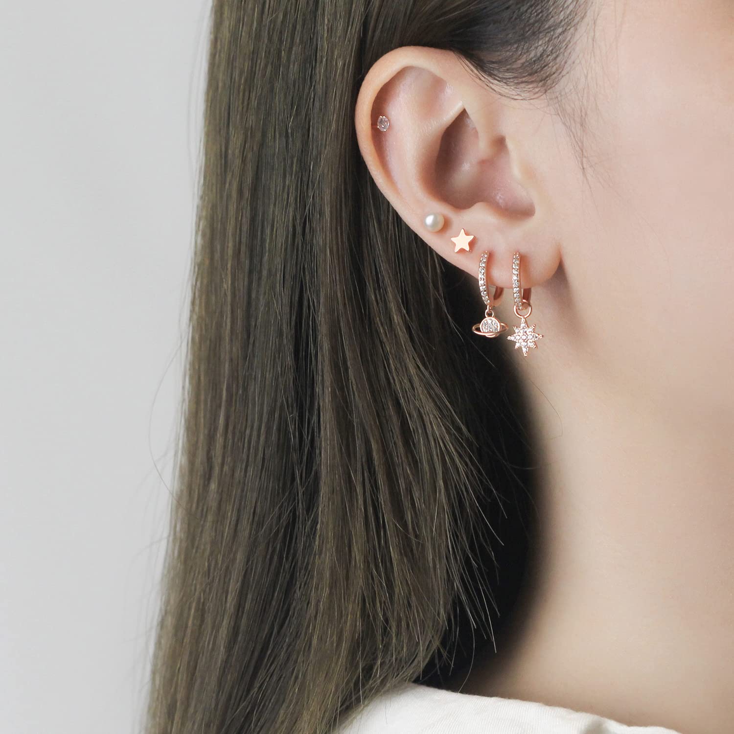 Small Hoop Dangle Drop Earrings for Women - Rose Gold Star & Planet Stud Earrings Set with Diamond & Pearl Accents | Perfect for Multiple Piercings, Everyday Wear & Special Occasions