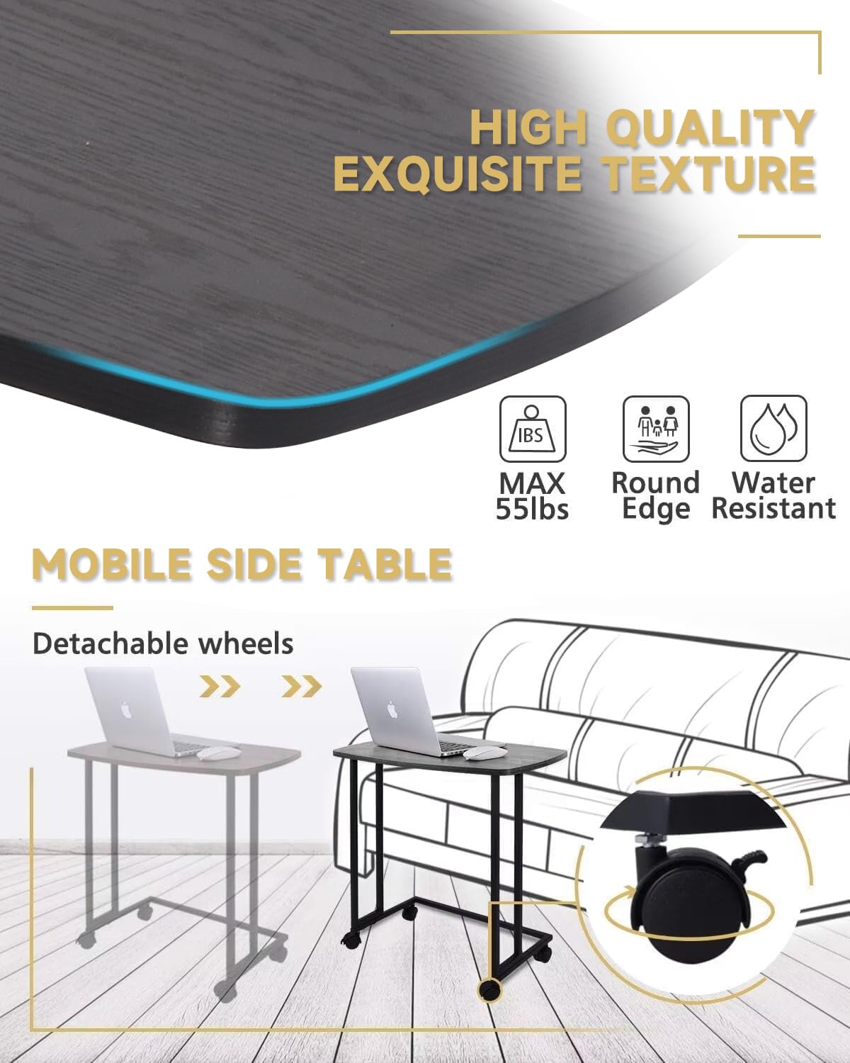 Black C-Shaped End Table with Removable Wheels - Adjustable TV Tray & Movable Sofa Side Table for Living Room, Bedroom - Perfect for Small Spaces, Snacking & Entertainment