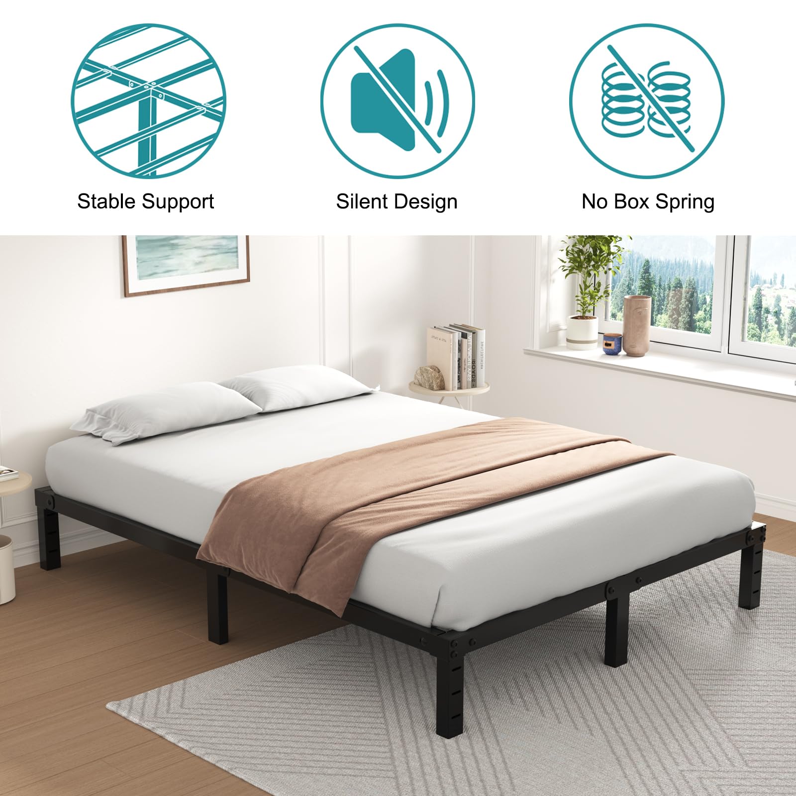 Twolike Queen Metal Bed Frame with Underbed Storage - Sturdy Steel Slat Support, Anti-Noise Foam Stickers, Easy Assembly - Perfect for Small Bedrooms & Guest Rooms (Queen Size)