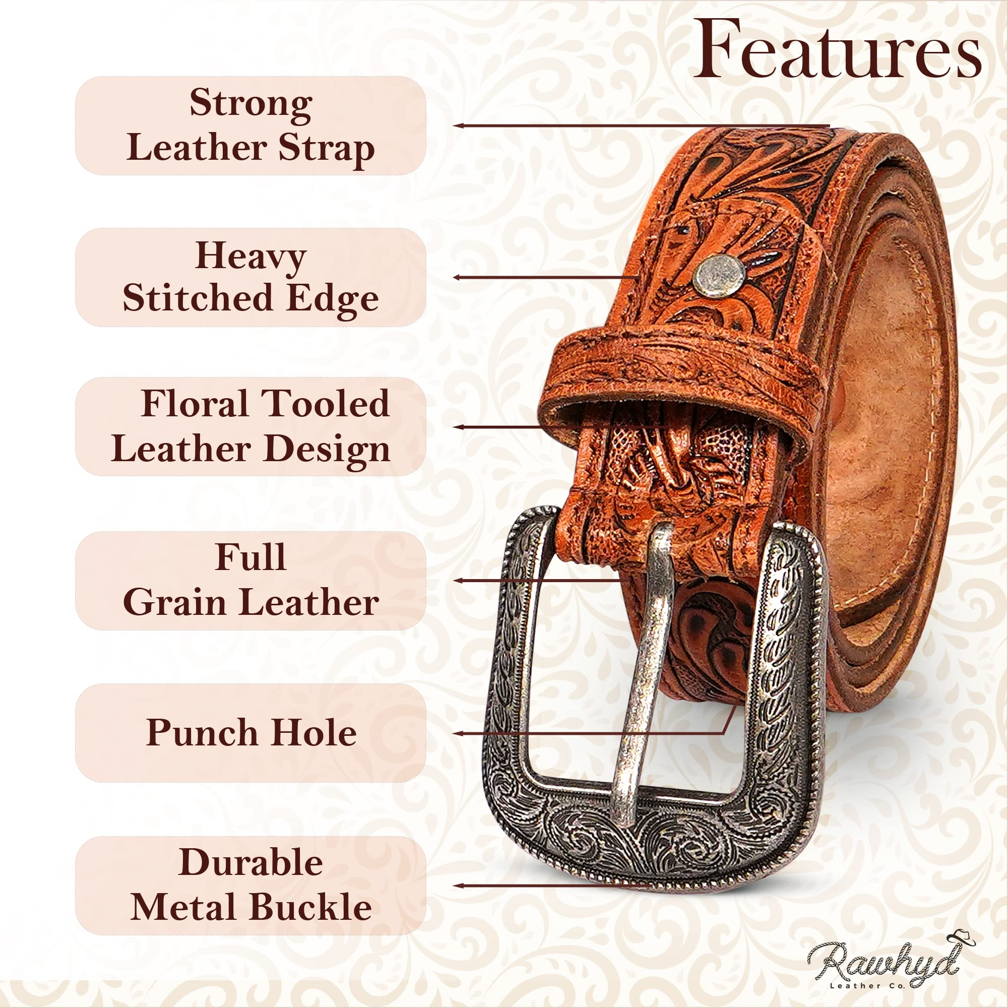 RAW HYD Genuine Leather Western Belts for Men - 1.5