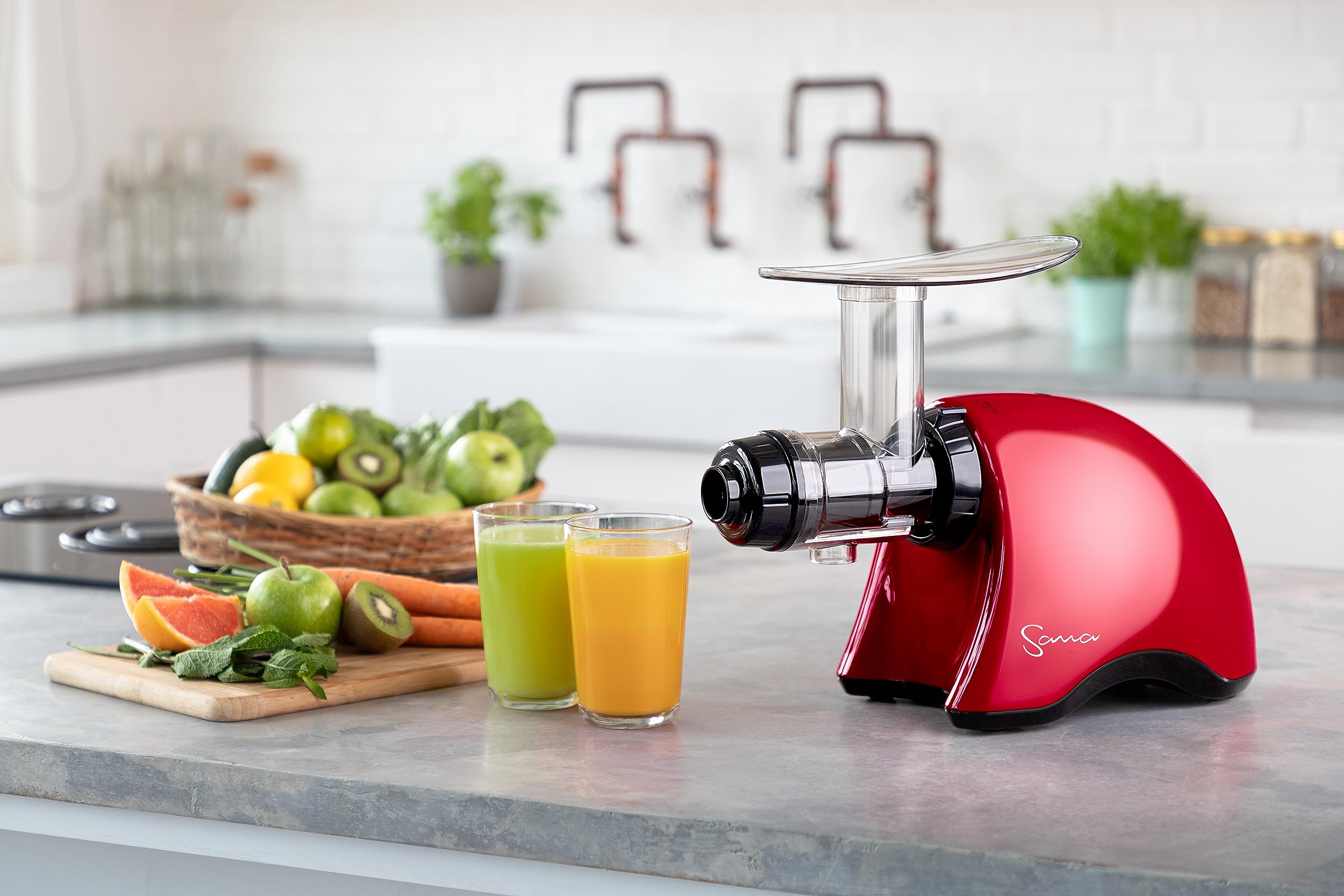Premium SANA 707 Cold Press Slow Juicer - Horizontal Single Auger Design for Maximum Nutrient Extraction | Powerful Motor, Easy Cleaning, Auto Feed System | Make Fresh Juice, Frozen Desserts, Pasta & Nut Milk | Includes Celery Attachment & 15-Year Warranty (Red) | Perfect for Healthy Lifestyles, Raw Food Diets & Home Kitchens