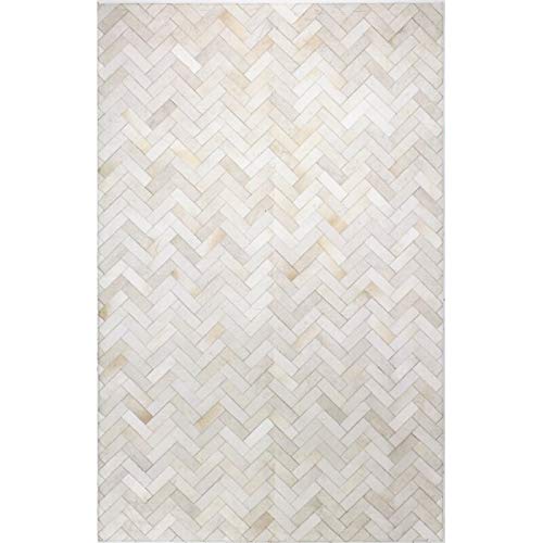 Allen Home Cowhide Jacquard Handwoven Area Rug - 3x5, 4x6, 5x8, 6x9, 8x10, 9x12 Modern Chevron Pattern in Natural Beige, Cream & Silver | Leather Patchwork Flatweave Hairhide Carpet for Living Room, Bedroom & Office Decor (3'x5')