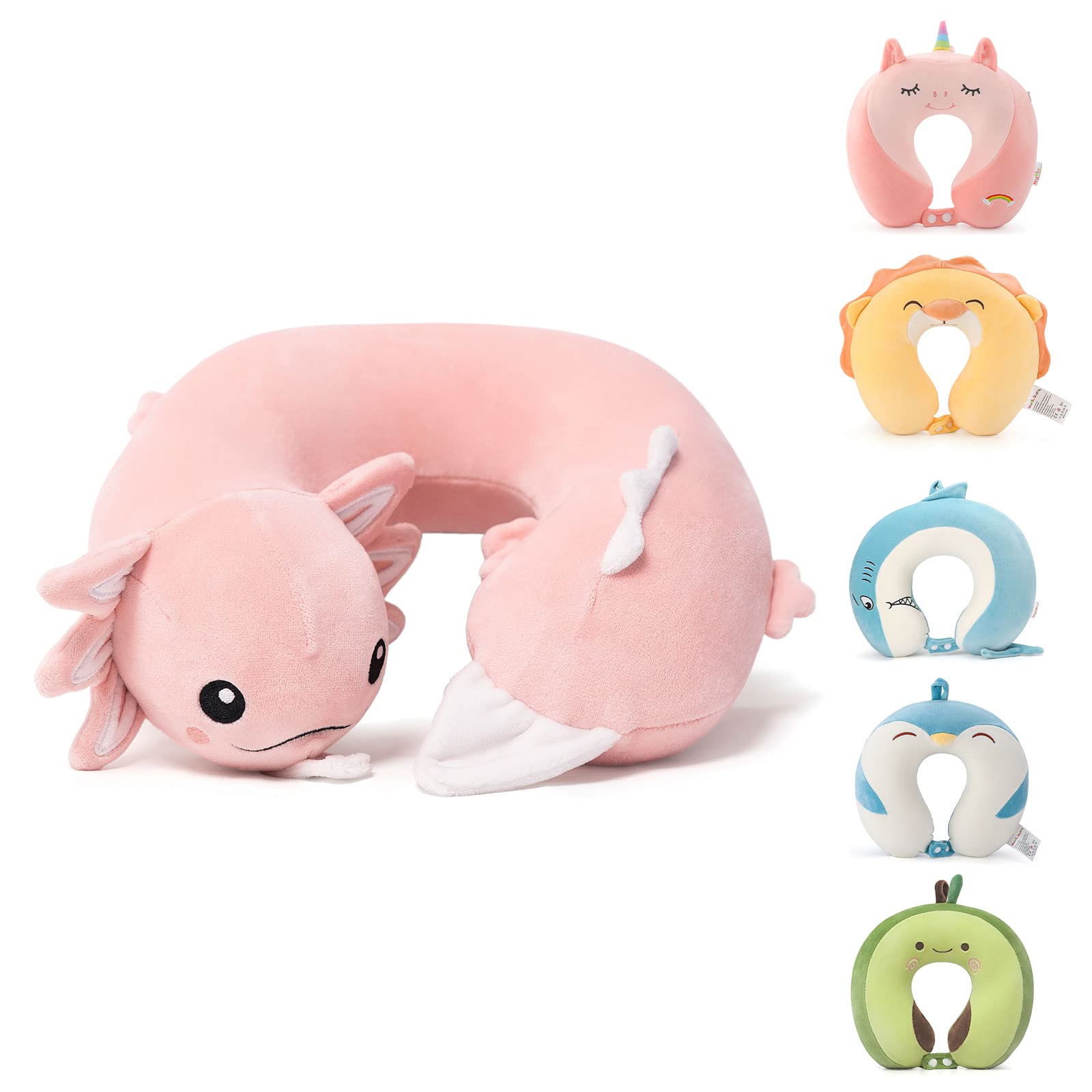 Soft Memory Foam Axolotl Neck Pillow for Kids 3-8 Years - Pink Travel Pillow for Airplane, Car & Road Trips - Ergonomic Cervical Support for Boys & Girls - Perfect for Sleeping on Flights & Long Journeys