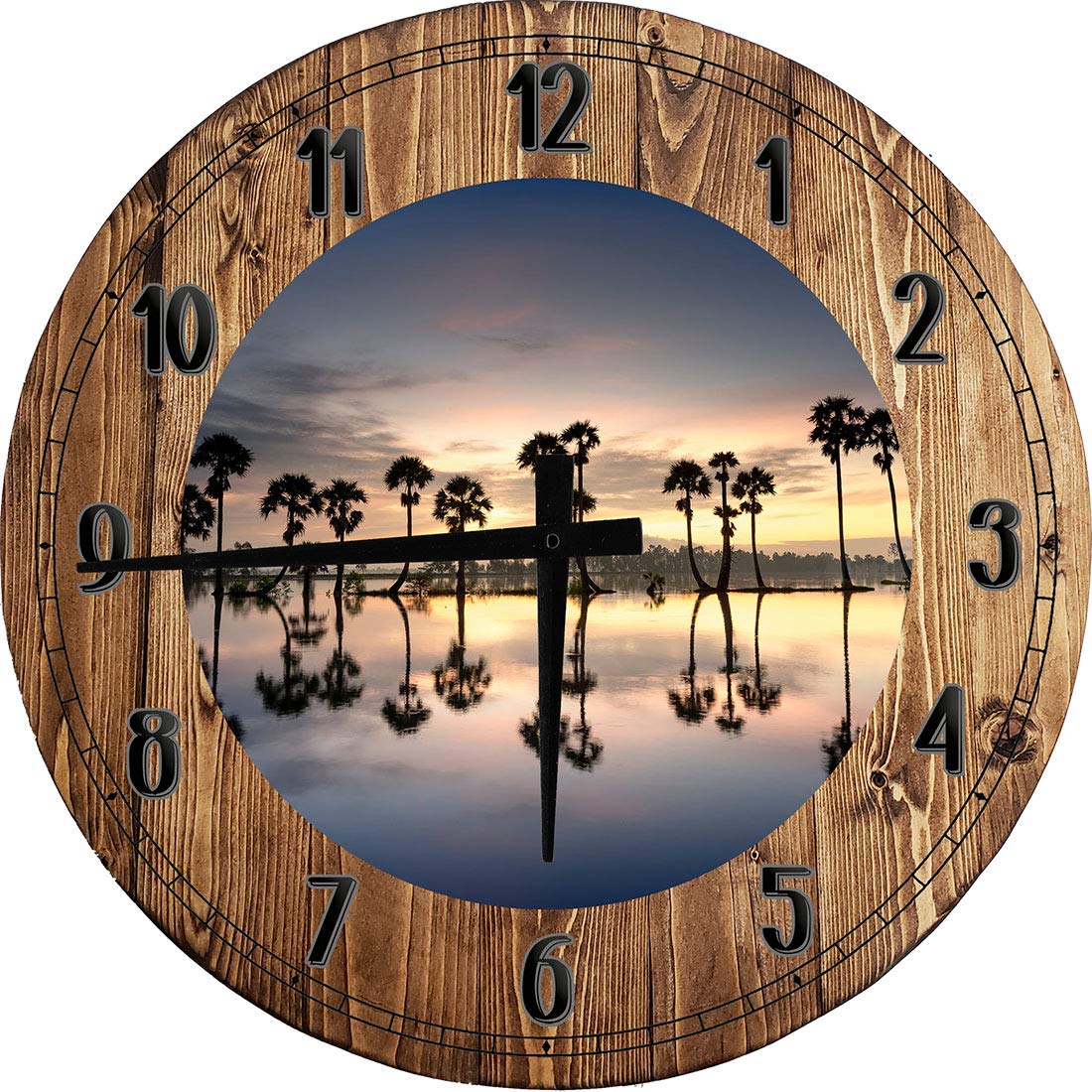 24 Inch Coastal Beach Wall Clock - Palm Tree Sunset Decor, Large Round Battery Operated Wall Art for Living Room, Bedroom & Beach House Decor