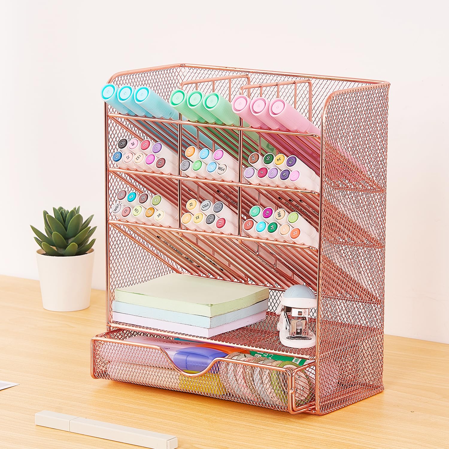 Rose Gold Pen Holder Desk Organizer - 10 Compartments & Drawer for Office & Study