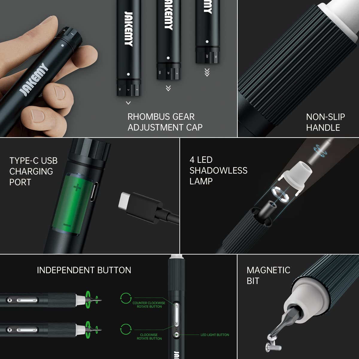 JAKEMY Mini Electric Screwdriver - Adjustable Torque, Cordless, USB Rechargeable with LED Light & Magnetic Bits - Precision Repair Tool Kit for Electronics, Phones, Laptops, Game Consoles - Perfect for DIY Projects and Home Repairs