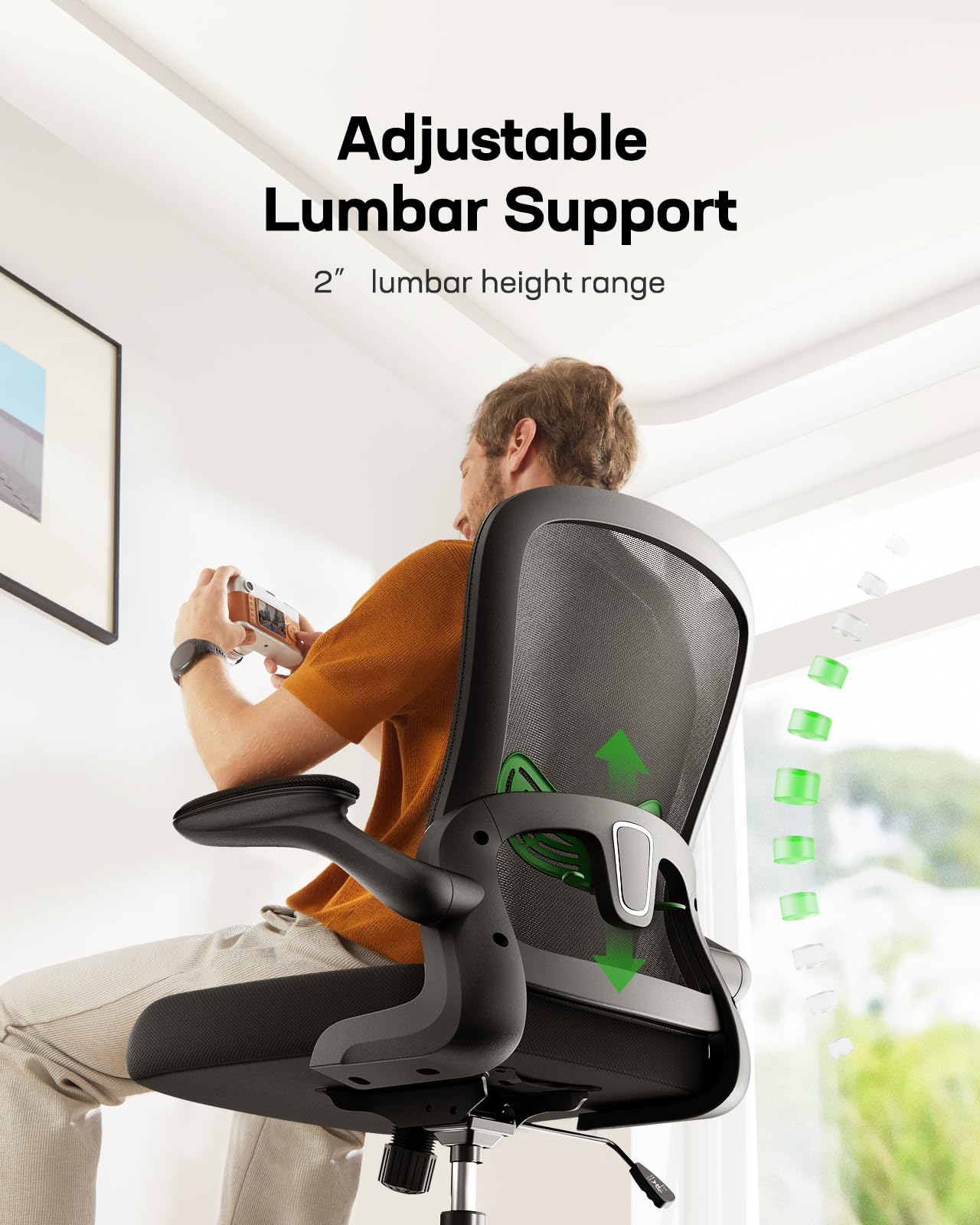 Ergonomic Office Chair with Adjustable Lumbar Support - Mesh Back Computer Desk Chair with Flip-Up Armrests, Swivel Task Chair for Home Office (Black) - Perfect for Long Work Hours, Gaming & Remote Work