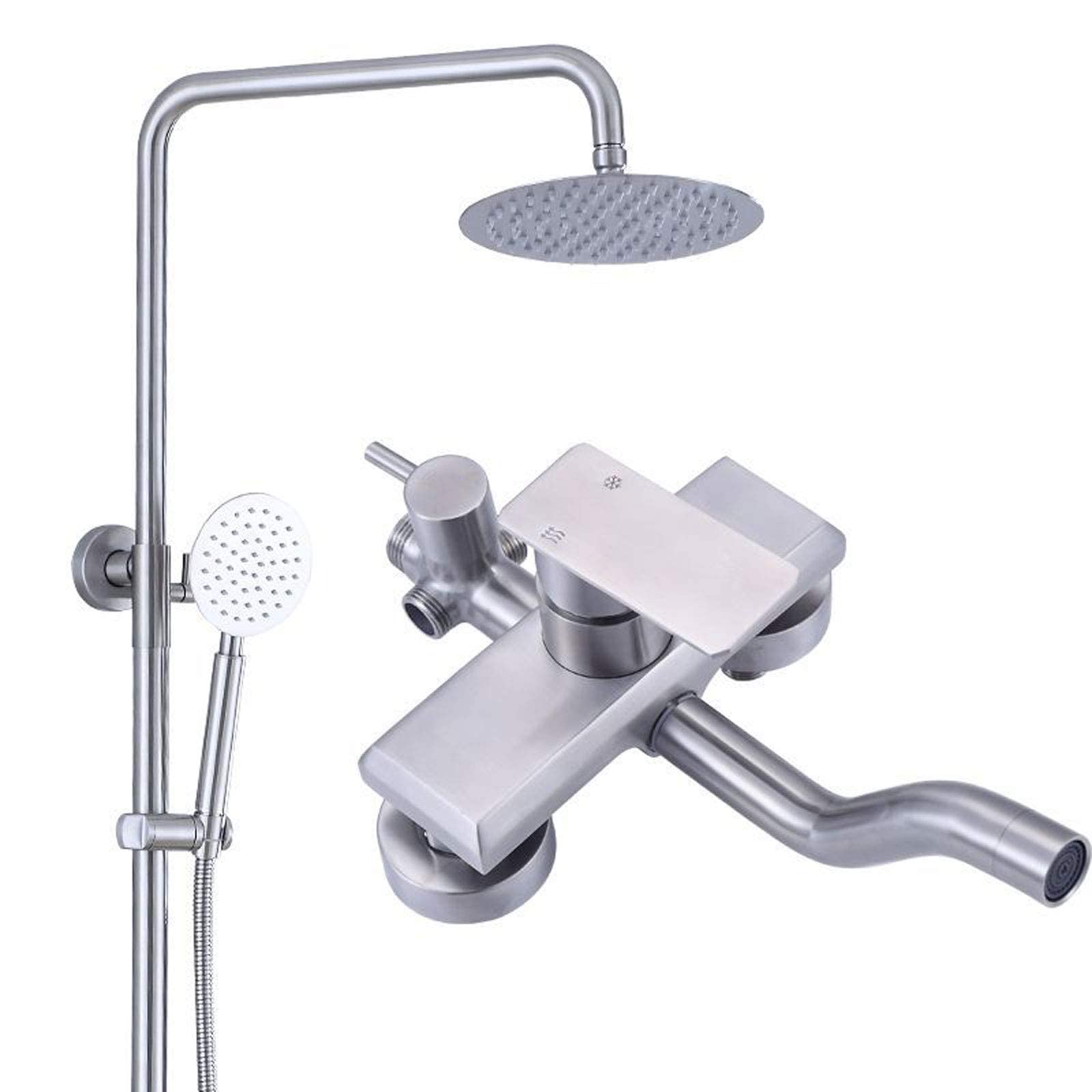 GELISURE Modern Stainless Steel Wall Mounted Shower System with Adjustable Height - Overhead Shower Head & Bath Tap - Perfect for Bathroom, Hotel & Gym Use
