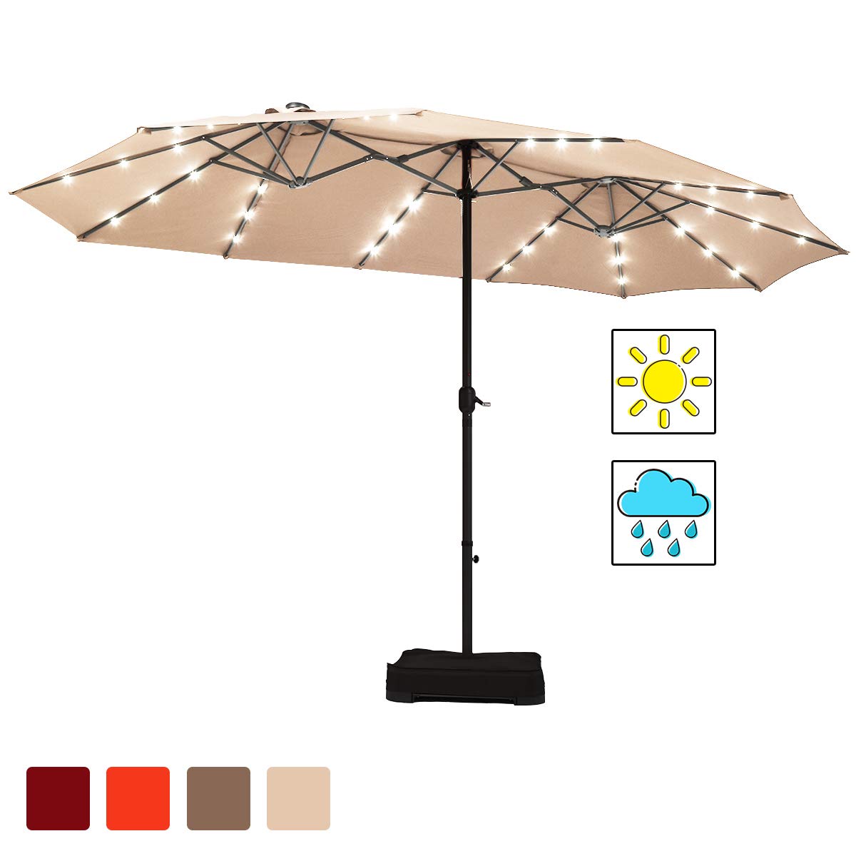 Tangkula 15 Ft Solar Powered LED Patio Umbrella - Double-Sided Outdoor Market Umbrella with 36 LED Lights, Crank Handle & Included Base - Perfect for Backyard, Poolside, and Outdoor Dining (Beige)