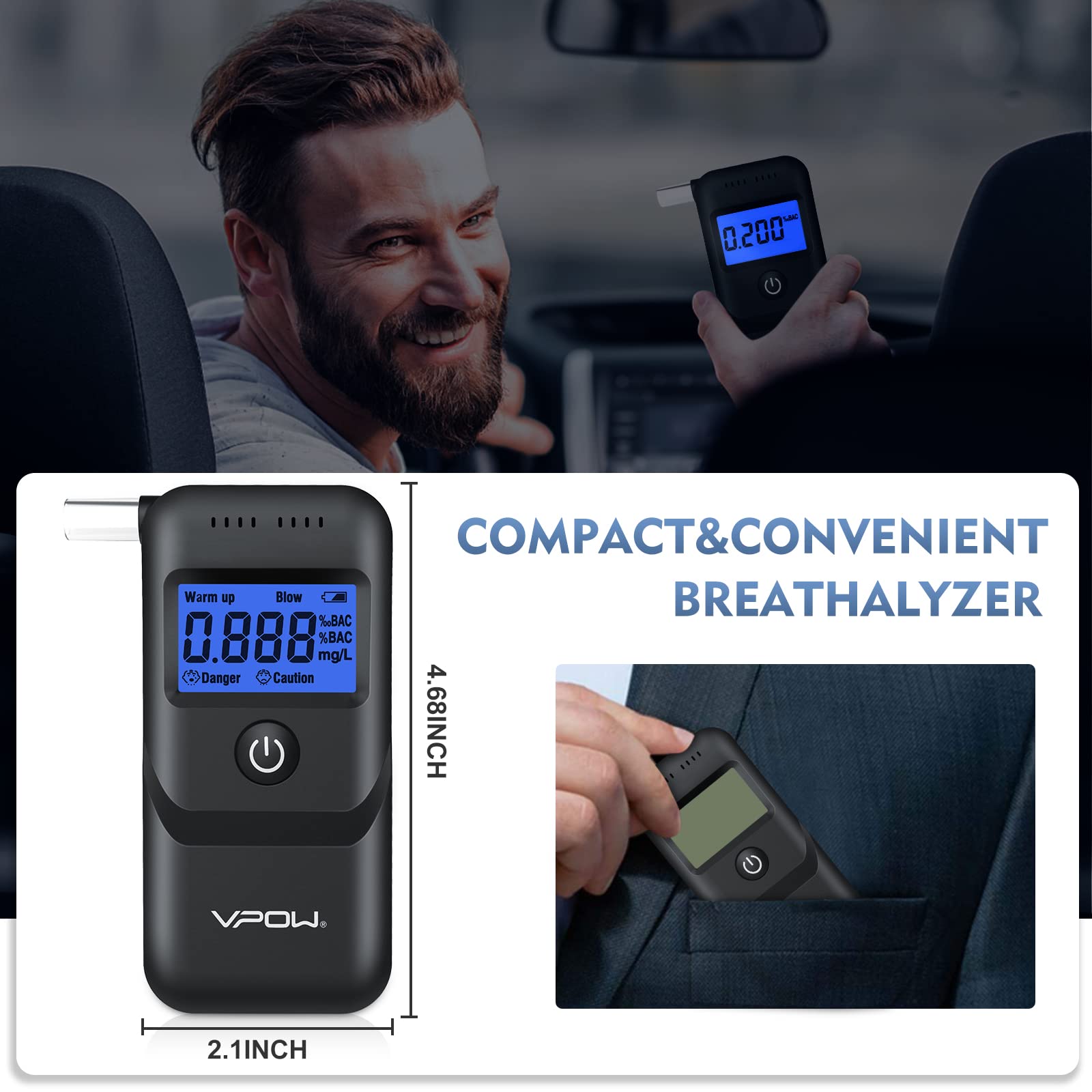 VPOW Digital Alcohol Breathalyzer Tester with Blue LCD Display - High Accuracy Personal & Professional Breath Alcohol Test Device for Home, Workplace, and Law Enforcement Use - Black
