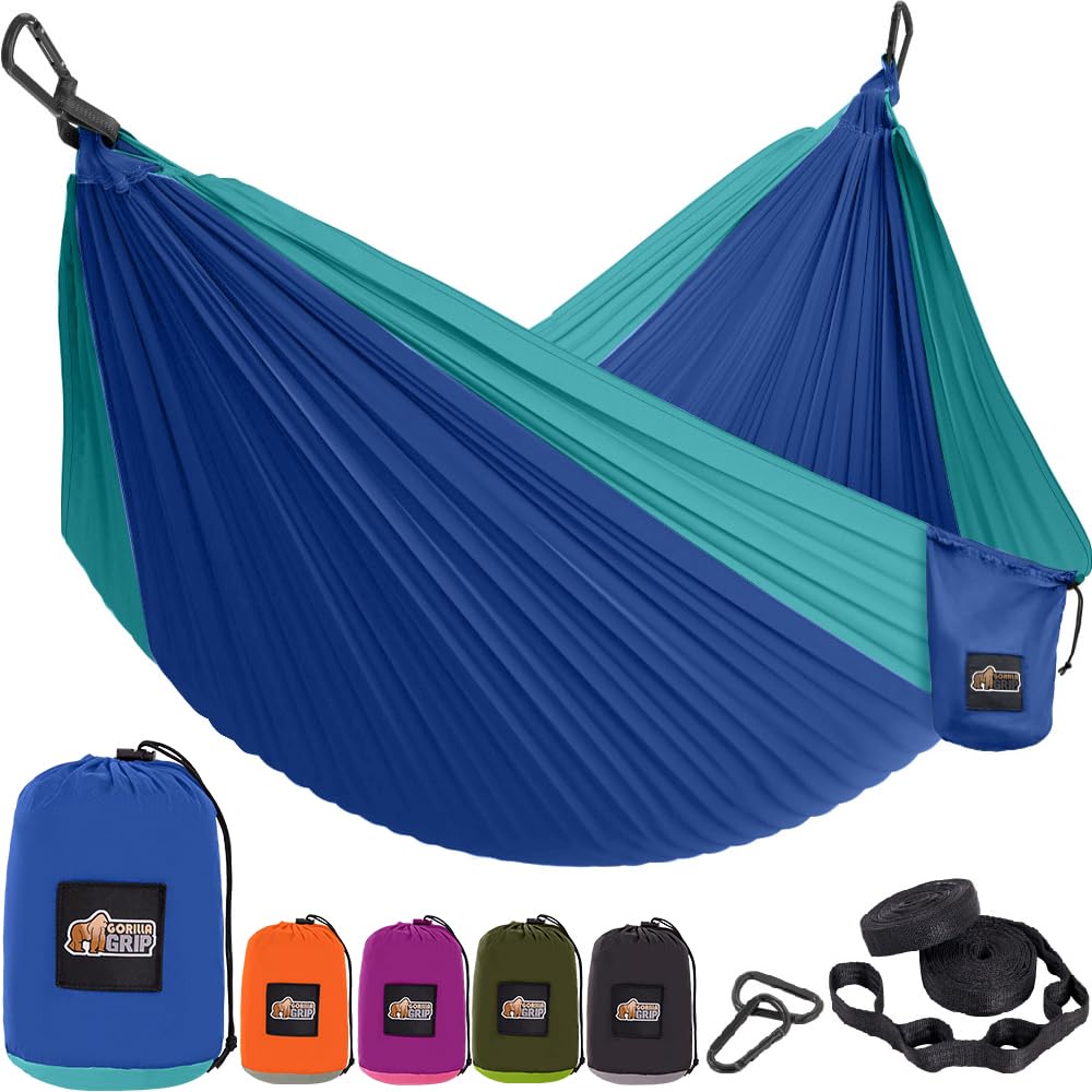 GORILLA GRIP Heavy Duty Camping Hammock - 400lb Capacity with Reinforced Tree Straps, 9x4.5 FT Portable Travel Hammock for Outdoor Adventures (Blue) - Perfect for Backpacking, Beach Lounging & Backyard Relaxation