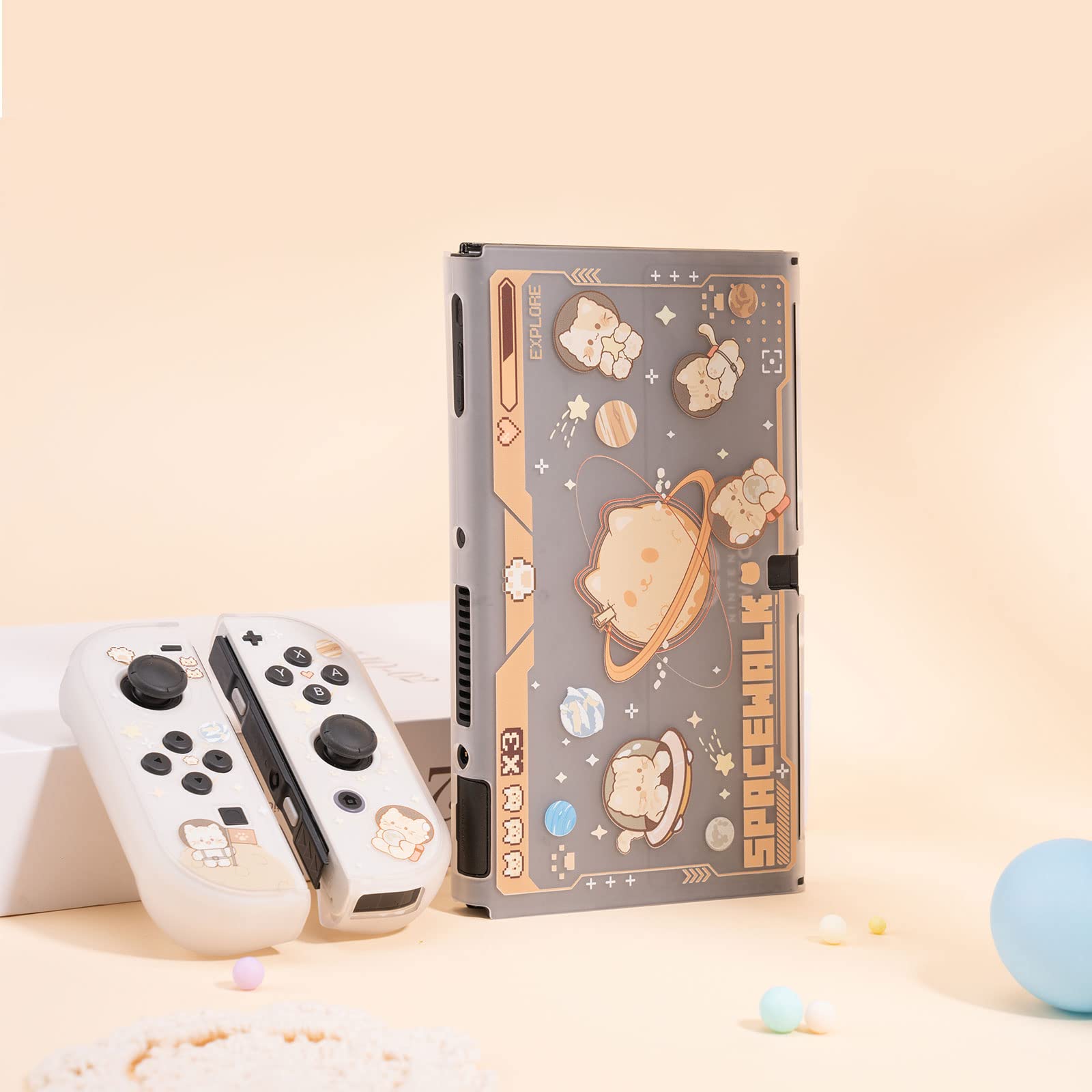 GeekShare Slim Protective Case for Nintendo Switch OLED & Joy-Con - Shockproof, Anti-Scratch Cover with Space Cat Design - Perfect for Travel, Gaming Parties & Everyday Protection