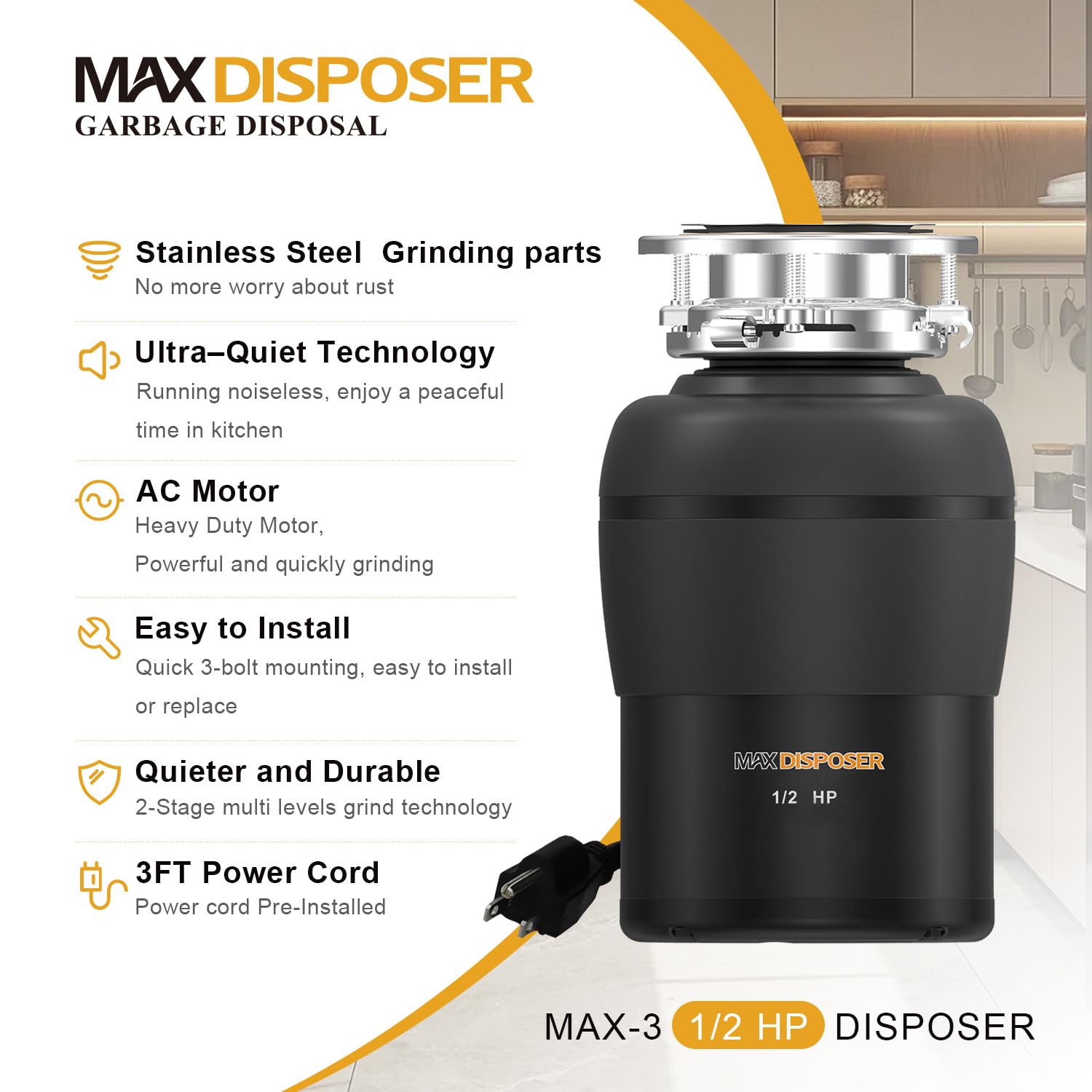 1/2 HP Garbage Disposal with Stopper & Power Cord - Quiet Continuous Feed Kitchen Sink Food Waste Disposer, Stainless Steel Grinding System - Perfect for Home Kitchens & Small Restaurants (MAX-3)