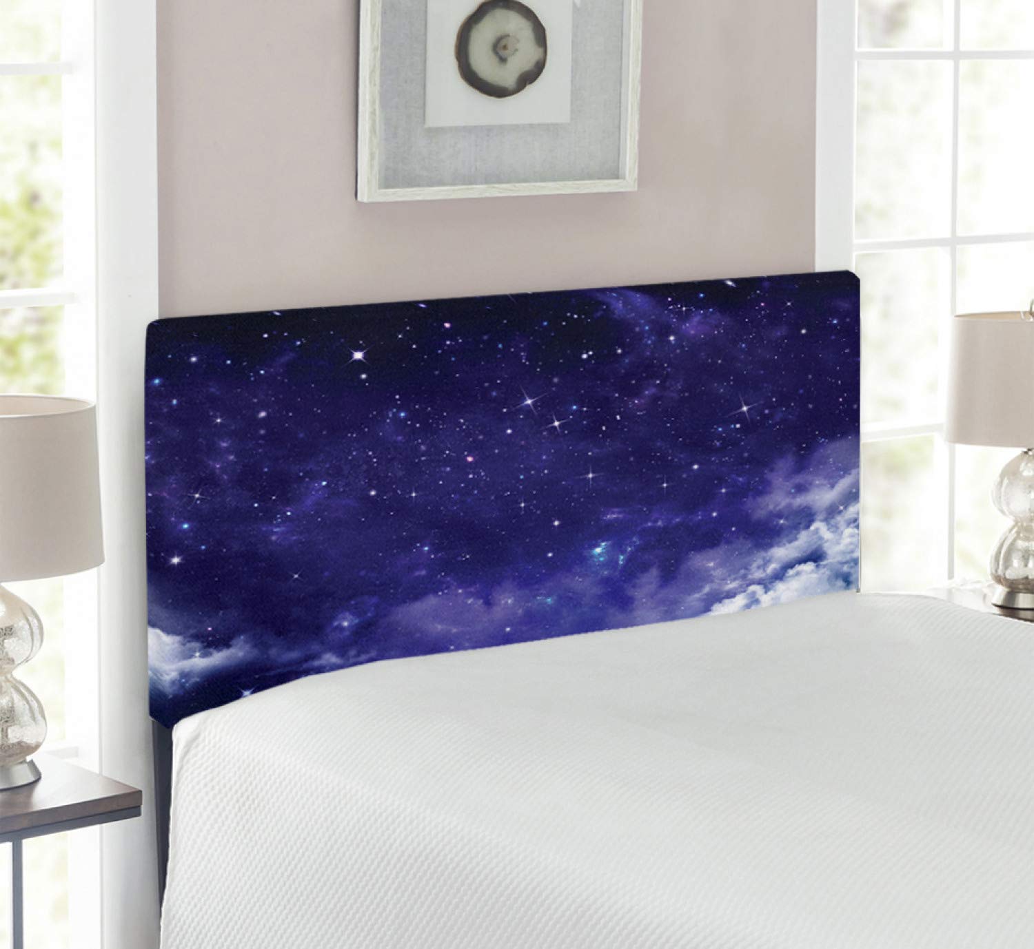 Ambesonne Twin Size Purple White Space Themed Headboard with Memory Foam - Celestial Stars, Clouds & Comets Design for Bedroom Decor | Perfect for Kids Rooms, Guest Bedrooms & Space-Themed Interiors