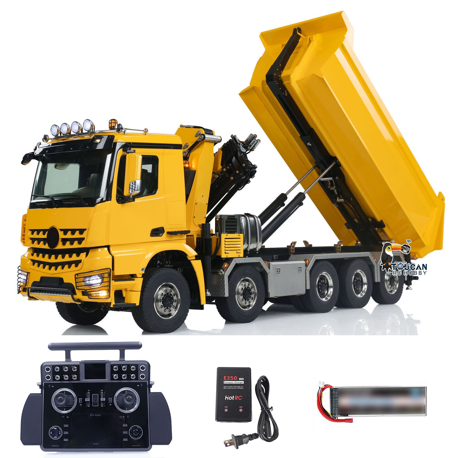 1:14 Scale 10x10 RC Hydraulic Crane Truck - Full Dump Metal Lorry with Rear Axle Steering & U-Shaped High-Standard Bucket & Timber Flatbed - Perfect for Construction Site Simulation, RC Hobbyists, and Collectors