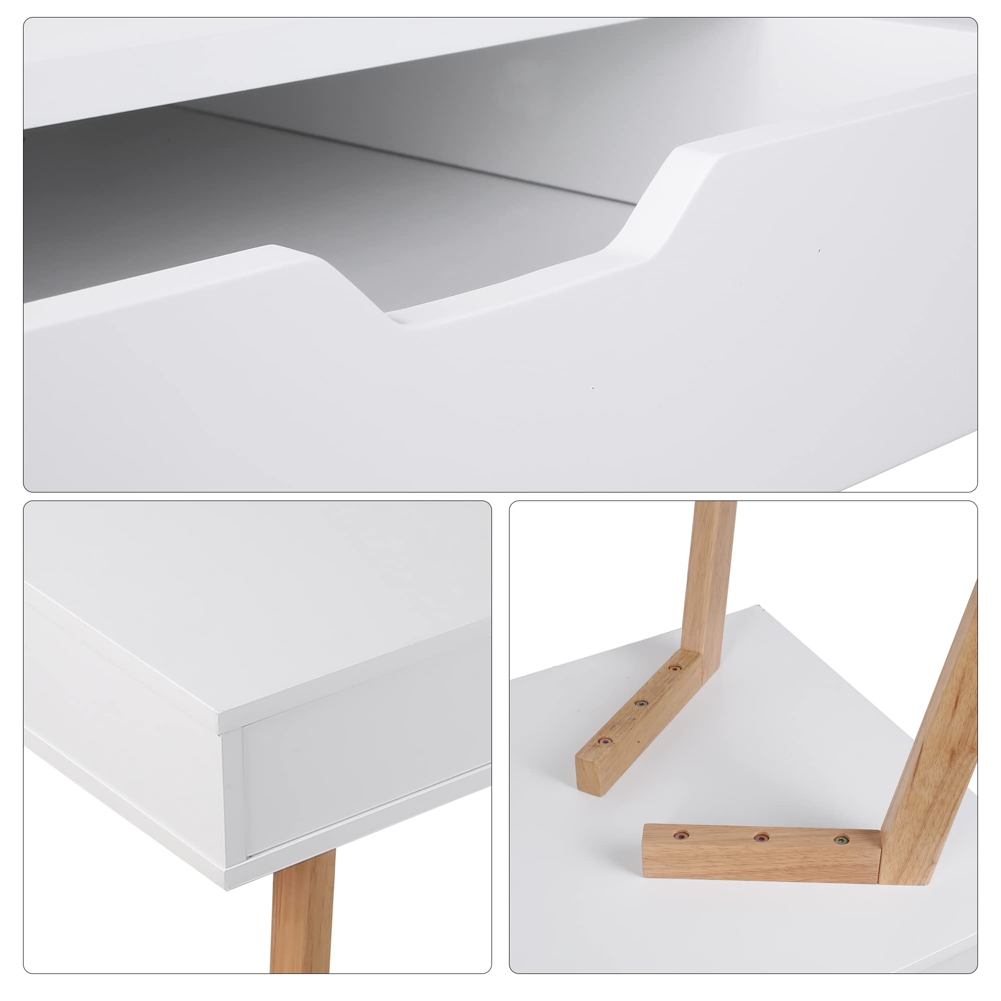 FOTOSOK White Modern Computer Writing Desk with 2 Drawers - Small Wooden Office Desk & Makeup Vanity Table with 4 Sturdy Oak Legs - Perfect for Home Office, Study Room & Bedroom Workspace
