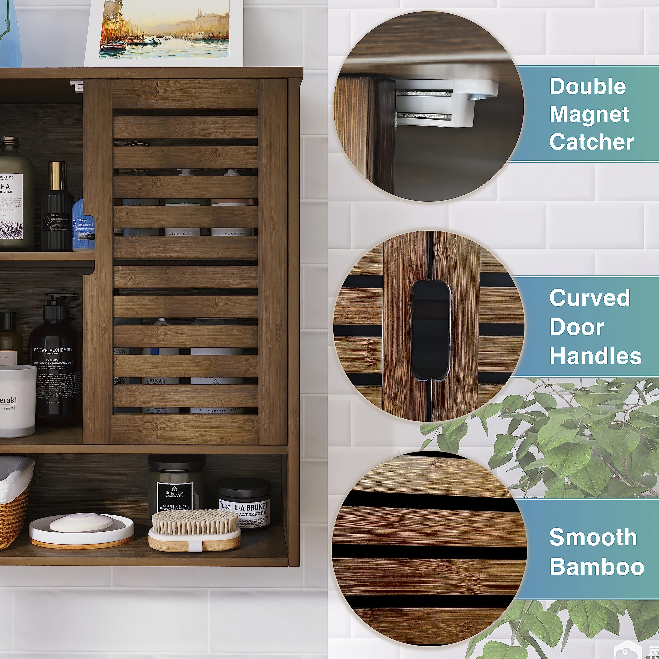 SMIBUY Wall Mounted Bamboo Bathroom Cabinet - Over The Toilet Storage Organizer with 2 Doors & Adjustable Shelves - Space Saving Medicine Cabinet for Bathroom Organization (Walnut) - Perfect for Small Bathrooms, Apartments and RV Living