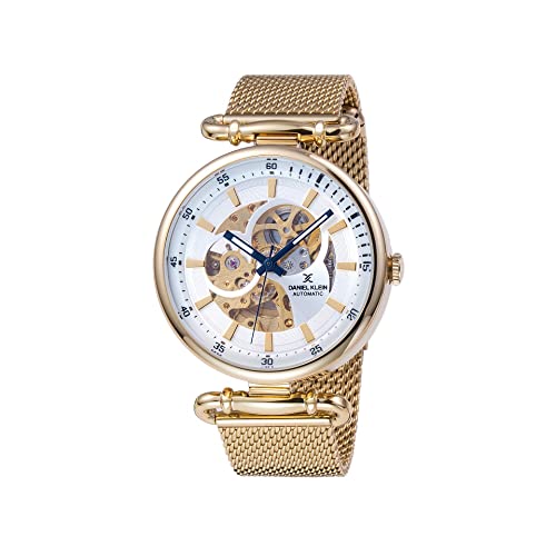 Daniel Klein Men's Stainless Steel Skeleton Watch DK11862-5 - 44mm Japanese Automatic Movement, Golden Mesh Band - Perfect for Business, Formal Events & Luxury Fashion Accessories