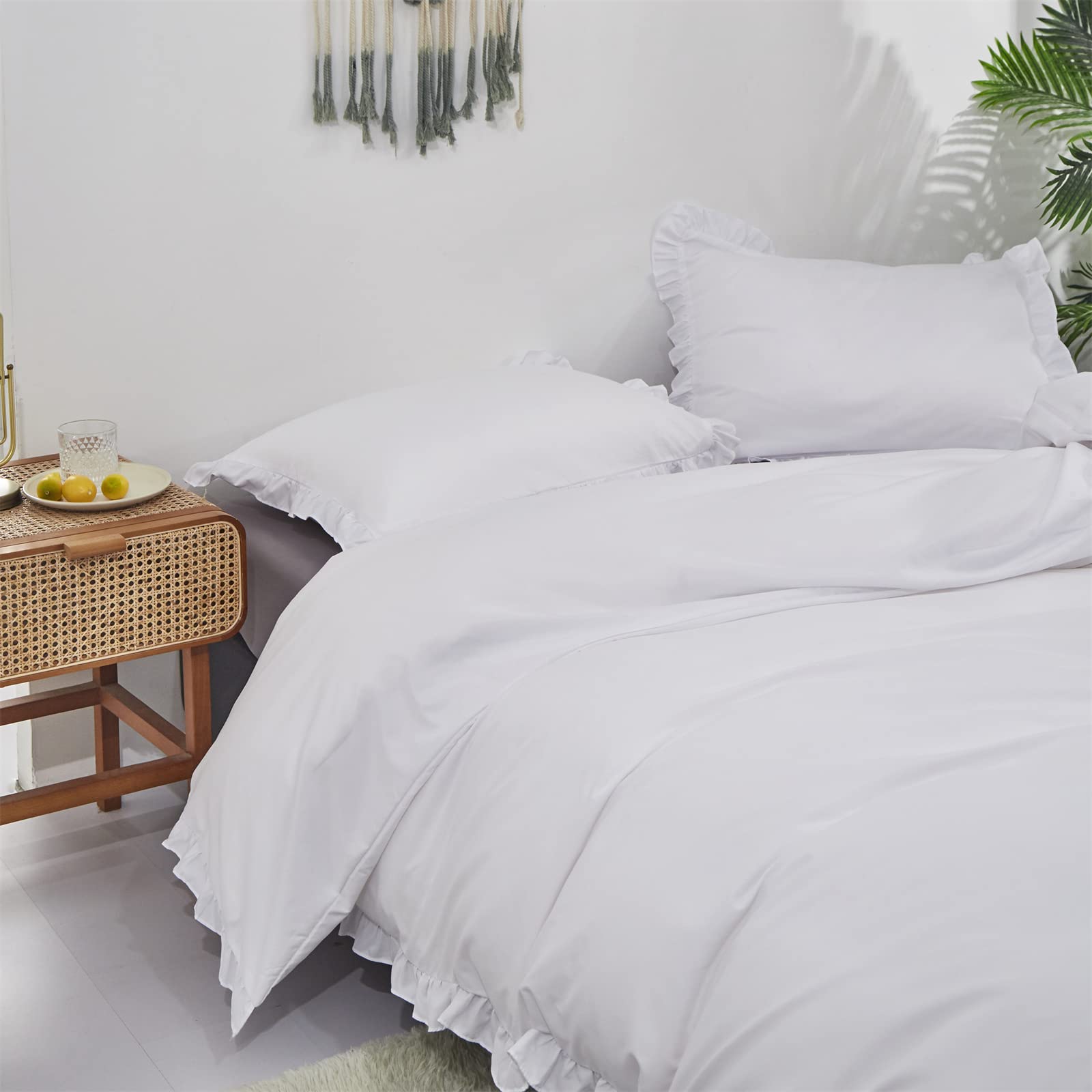 King Cotton Comforter Set - White Ruffled Boho Bedding for Farmhouse Style