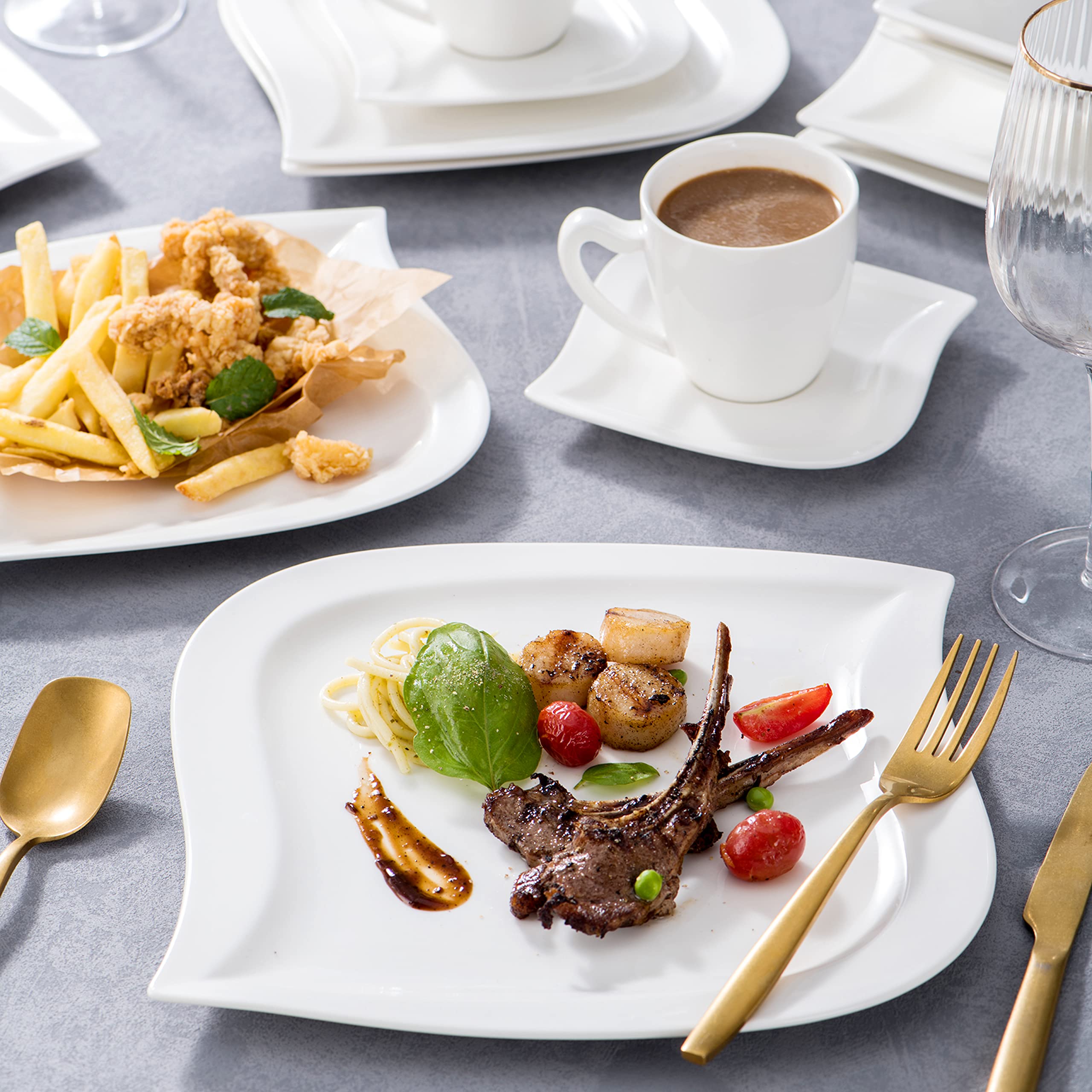 MALACASA 30-Piece Ivory White Porcelain Dinnerware Set for 6 - Plates, Bowls, Cups & Saucers | Microwave Safe Kitchen & Dining Ware (Elvira Series) - Perfect for Family Dinners, Parties & Everyday Use
