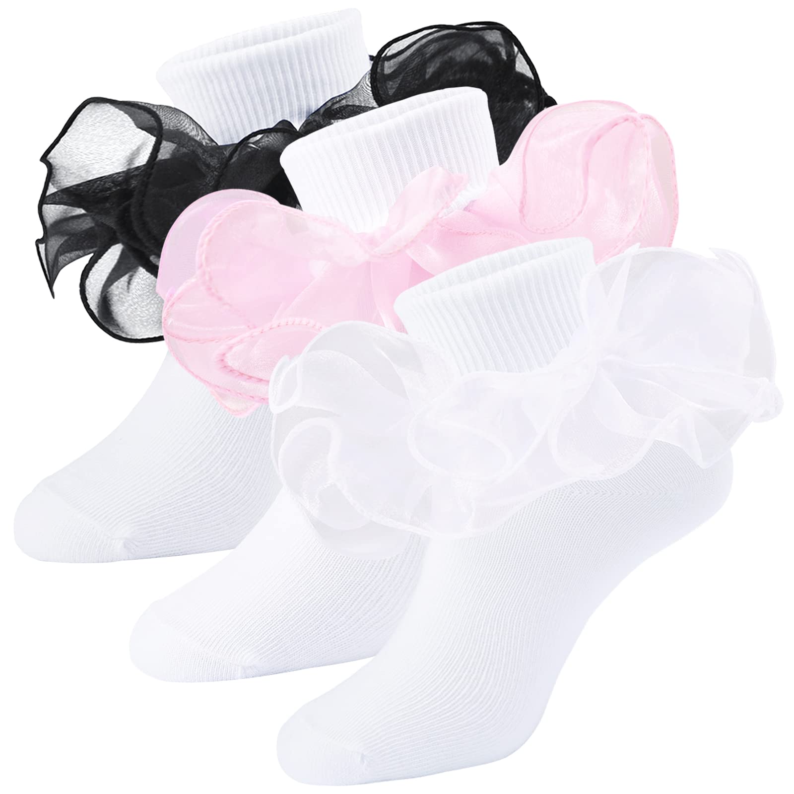 Girls Ruffle Socks - Double Lace Frilly Dress Socks for Toddlers & Little Girls (2-3 Pack) - Perfect for Parties, School & Special Occasions