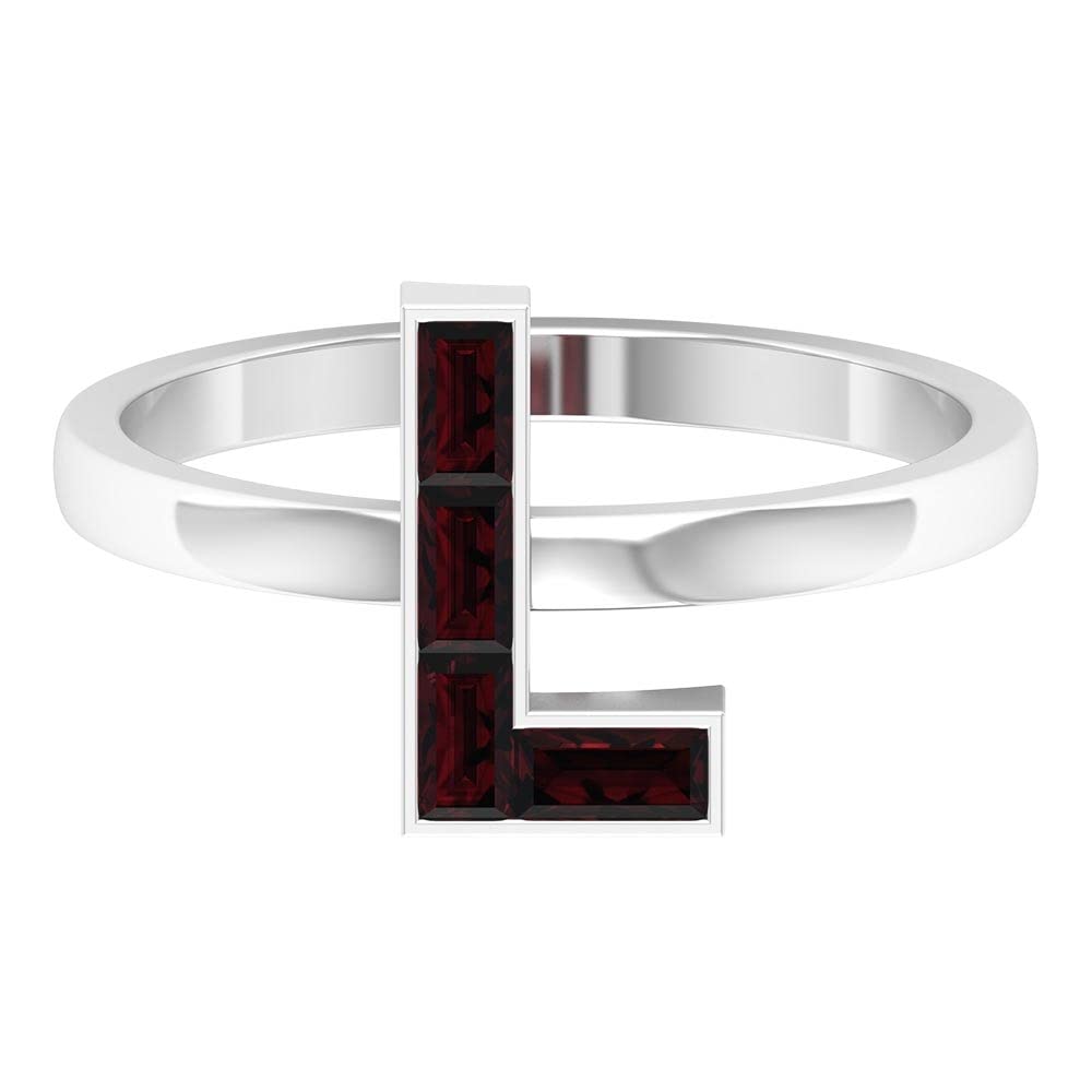 Garnet Initial Rings A-Z | 14K White Gold Alphabet Letter Rings | Baguette & Channel Set Gemstone Jewelry for Women | Perfect for Gifts, Engagements & Personalized Style