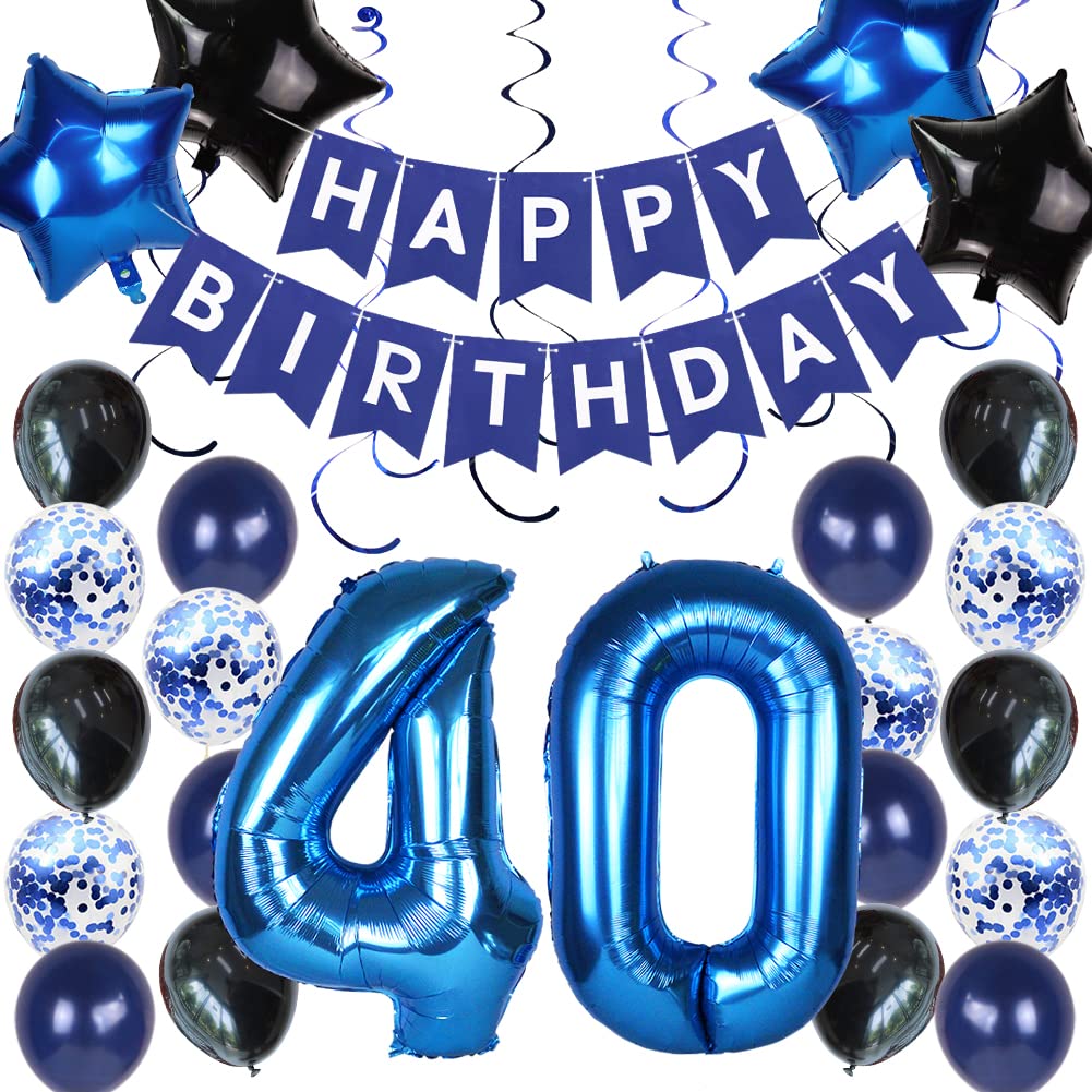 40th Birthday Decorations for Men - Blue Happy Birthday Banner & Number 40 Foil Balloon Set - Perfect for 40th Anniversary Party Backdrop, Office Celebration & Milestone Birthday Decor