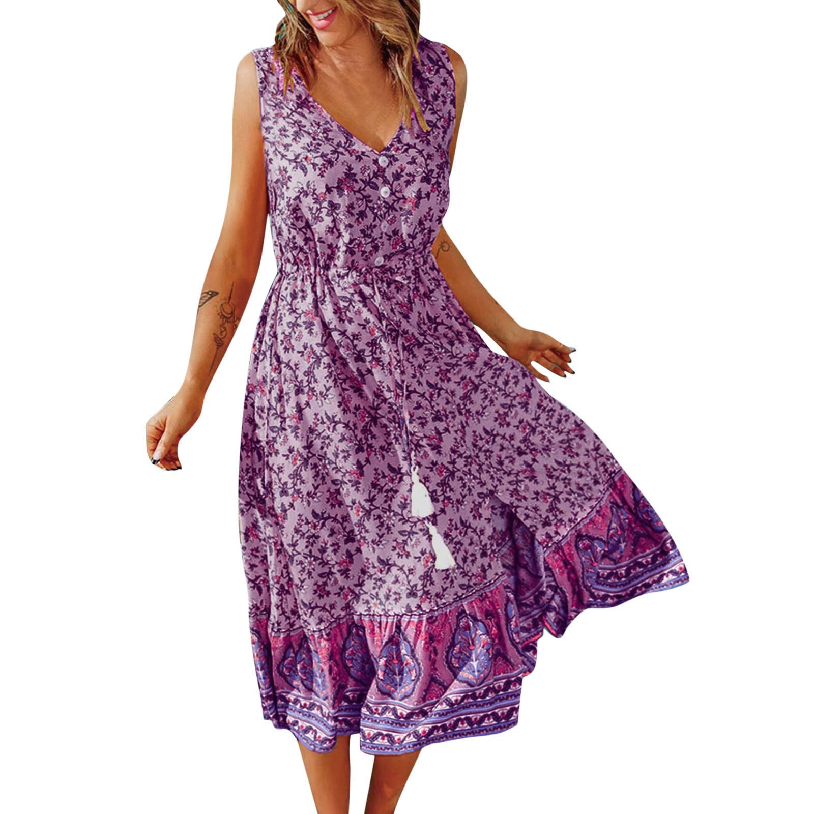 Boho Floral Print V-Neck Sleeveless Waist Dress for Women - Summer Casual Fashion Dress with Scoop Neck | Perfect for Beach Vacations, Garden Parties & Date Nights