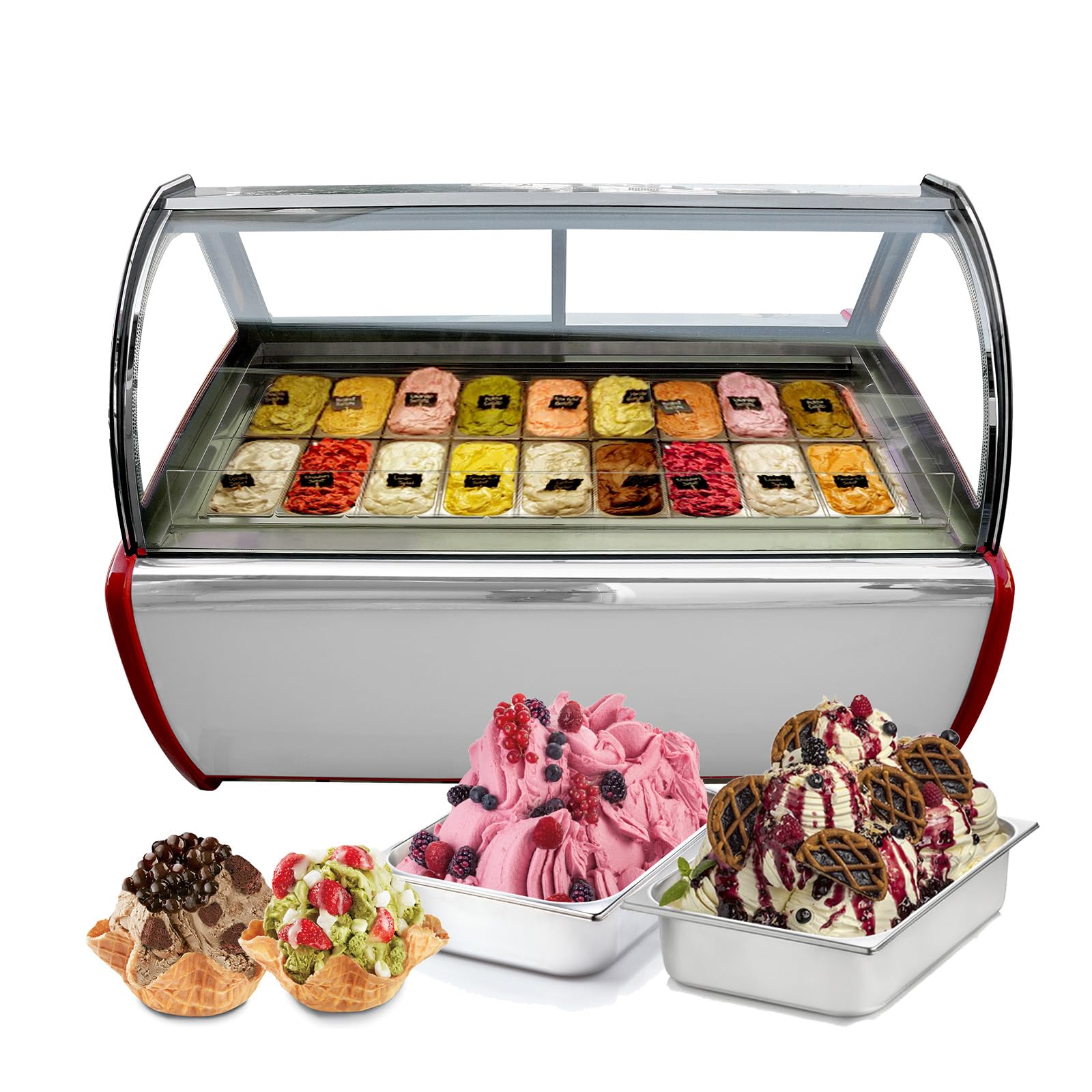 Kolice 18-Pan Commercial Gelato Display Freezer with Auto Defrost - Anti-Fog Glass, LED Lighting & Air Convection Cooling - Perfect for Ice Cream Shops, Bakeries, Cafes and Dessert Stores