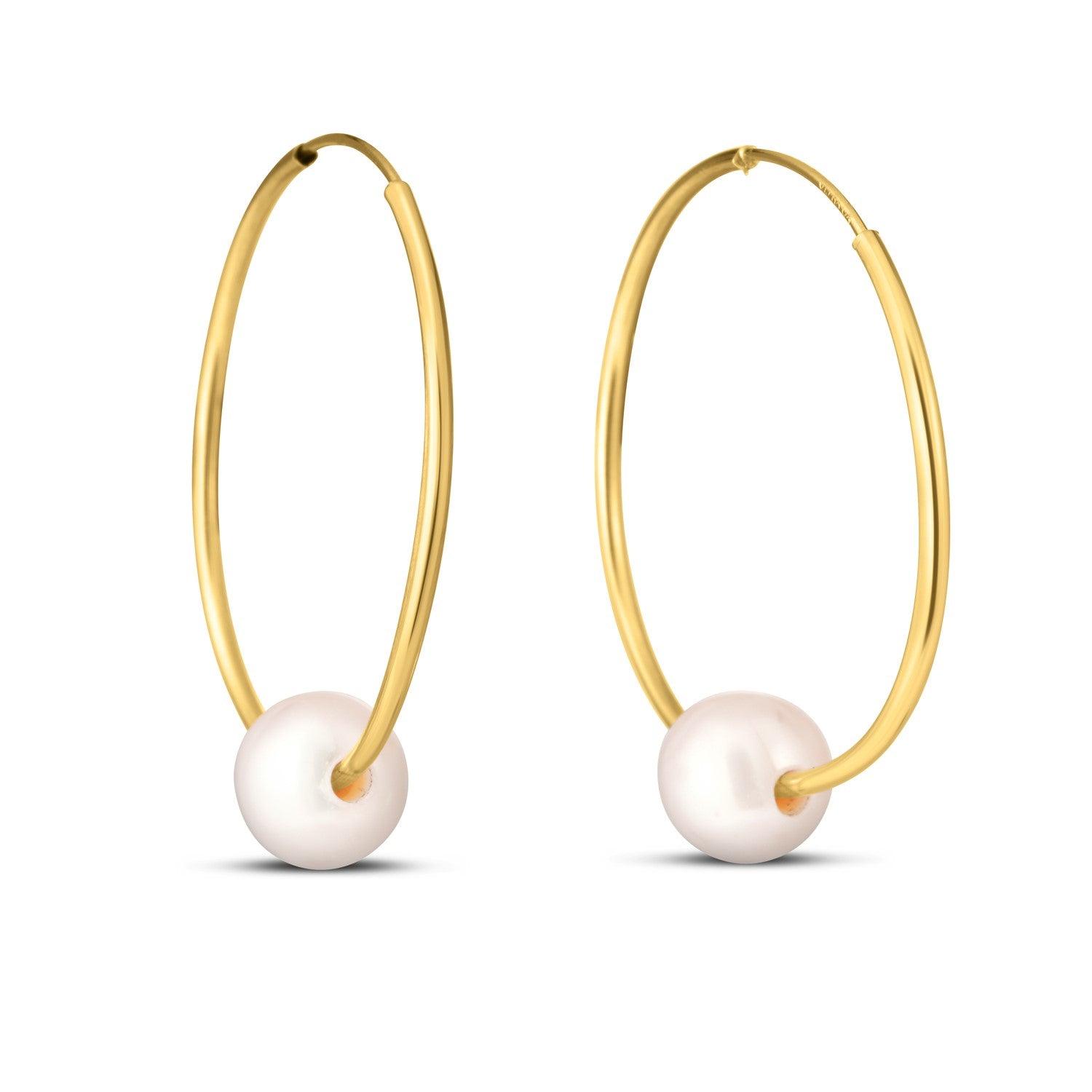 14K Yellow Gold Round Endless Pearl Earrings for Women - Classic Elegant Pearl Stud Earrings for Daily Wear, Wedding, Party & Special Occasions